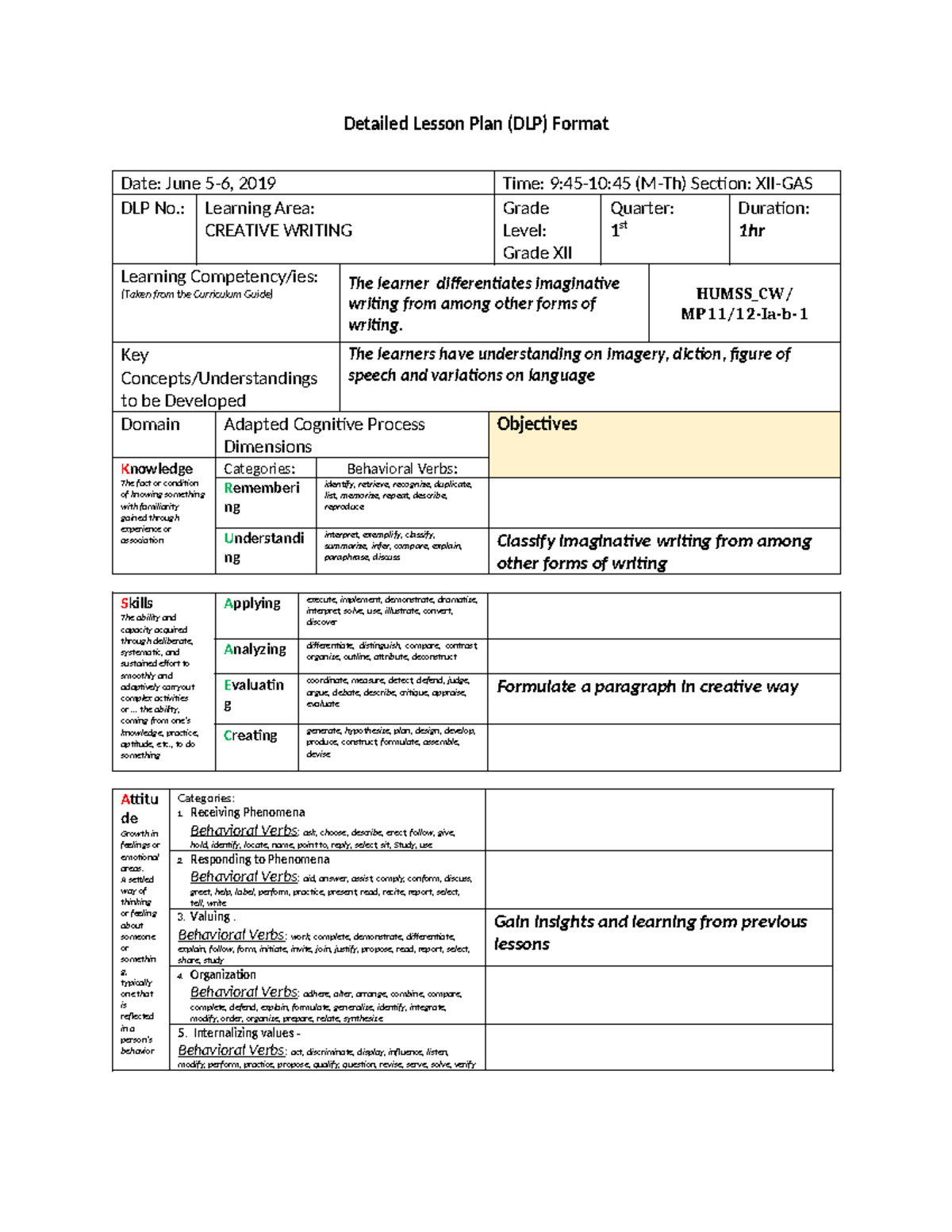 CW-LC-1 - Creative Writing Detailed Lesson Plan (DLP) - Studocu