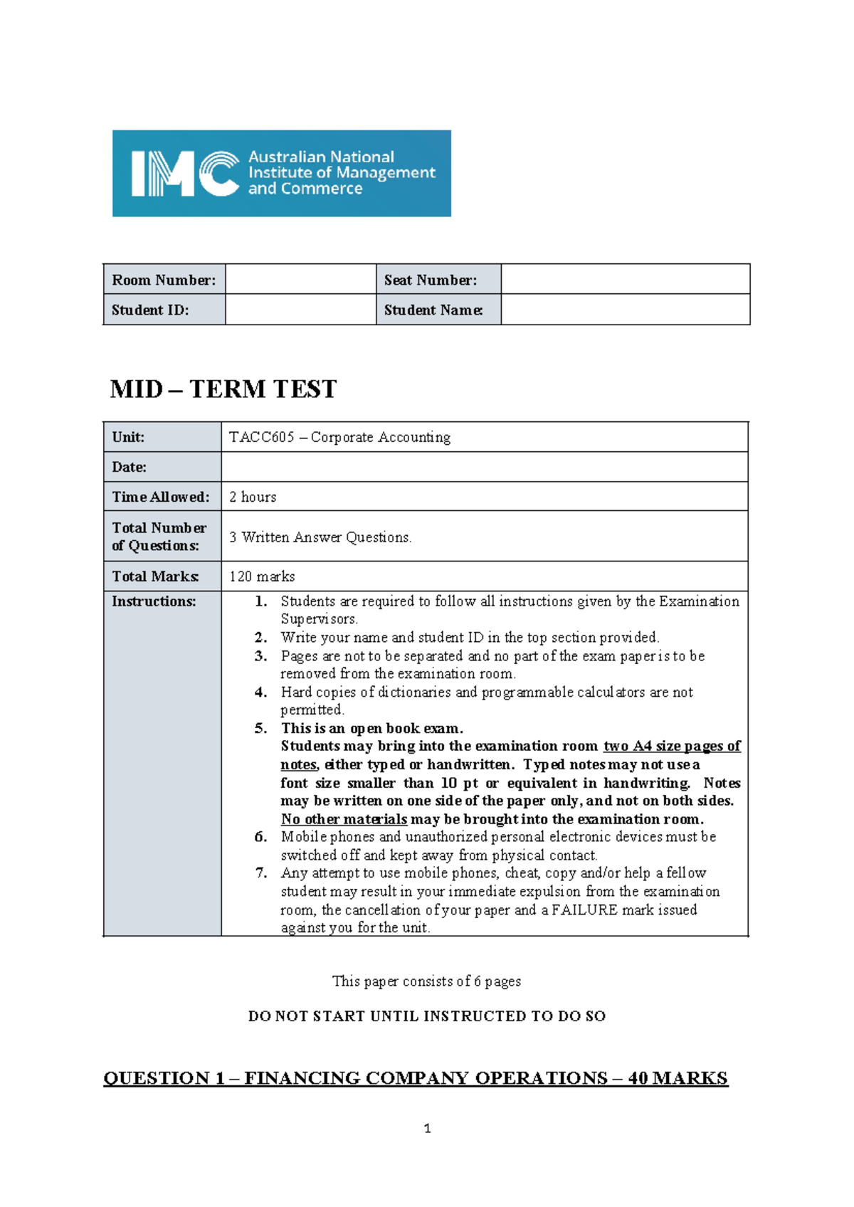 Mid-term test paper - need answers - Room Number: Seat Number: Student ...