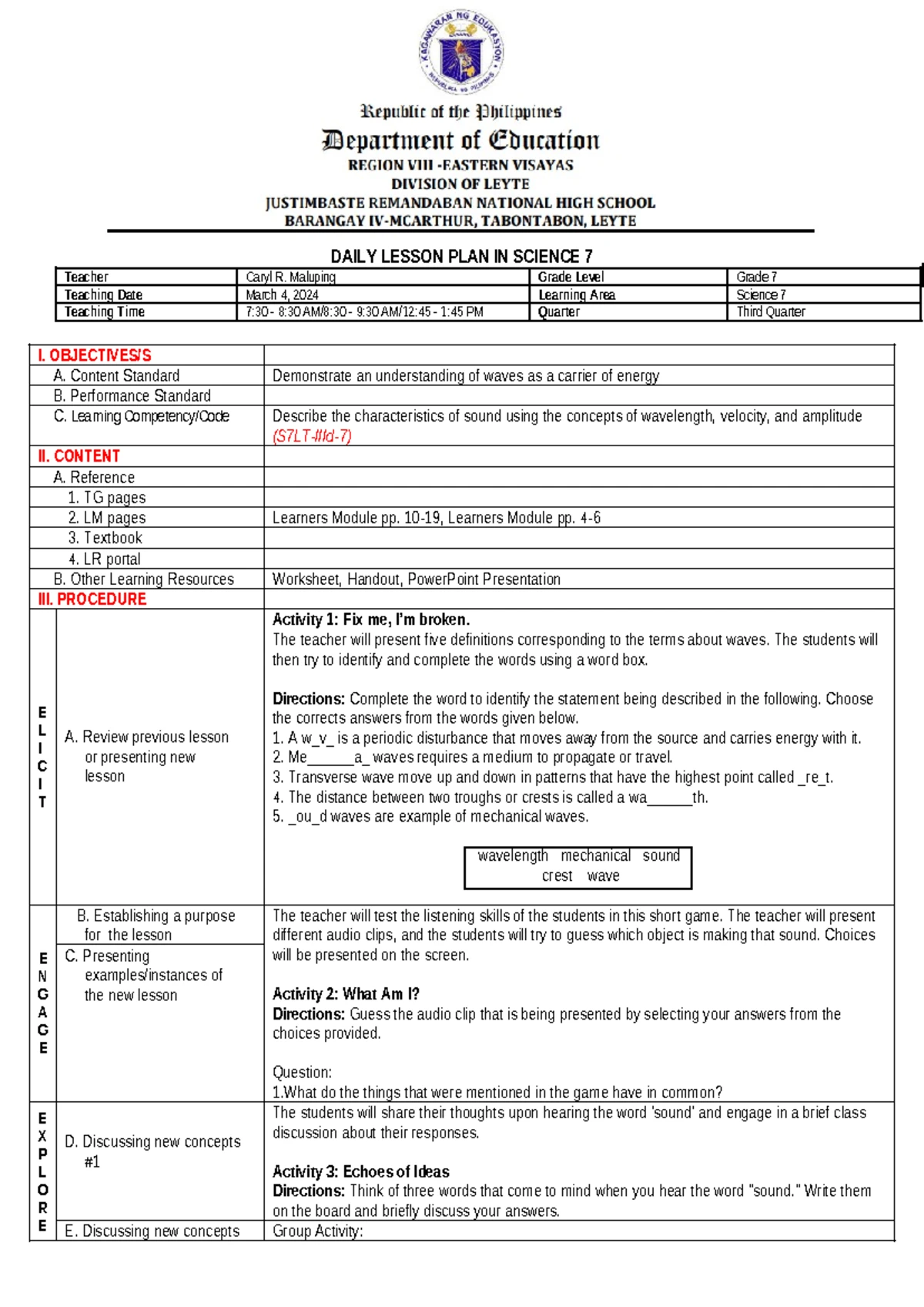 Detailed Lesson Plan in Science 7 (LP-FOR-Waves) - Understanding Waves ...