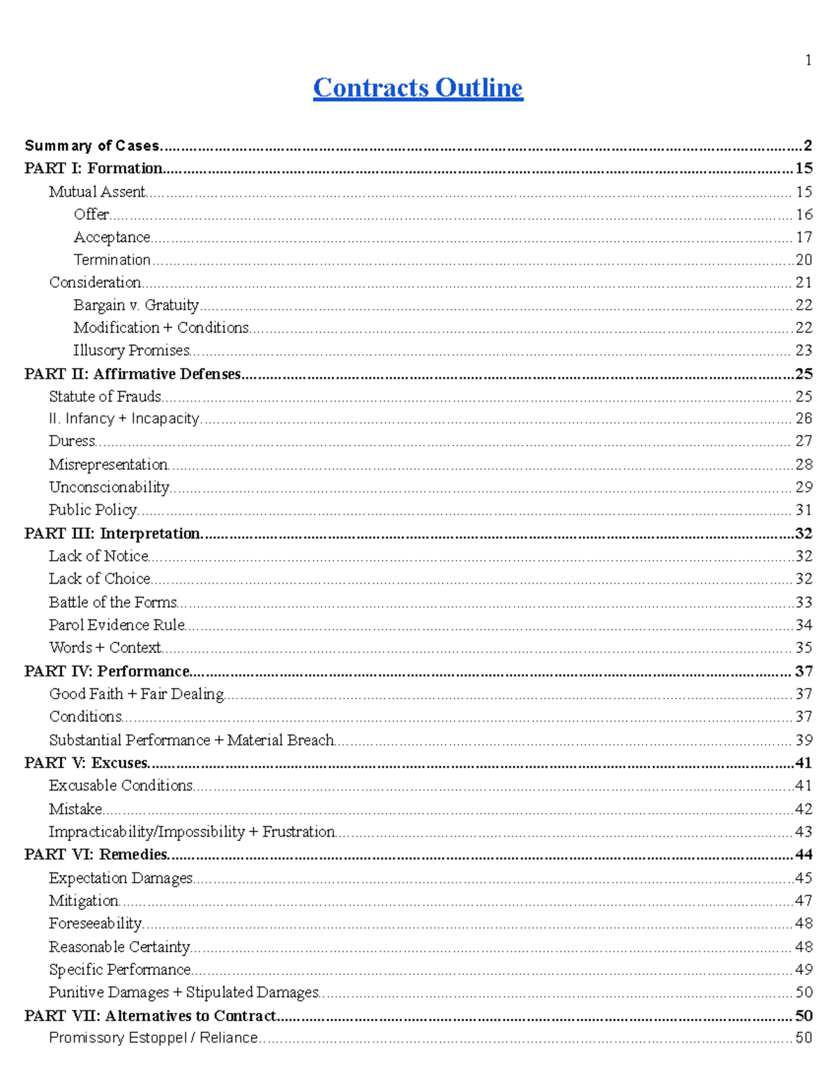 Contracts Outline for Law 301: Key Concepts and Case Summaries - Studocu