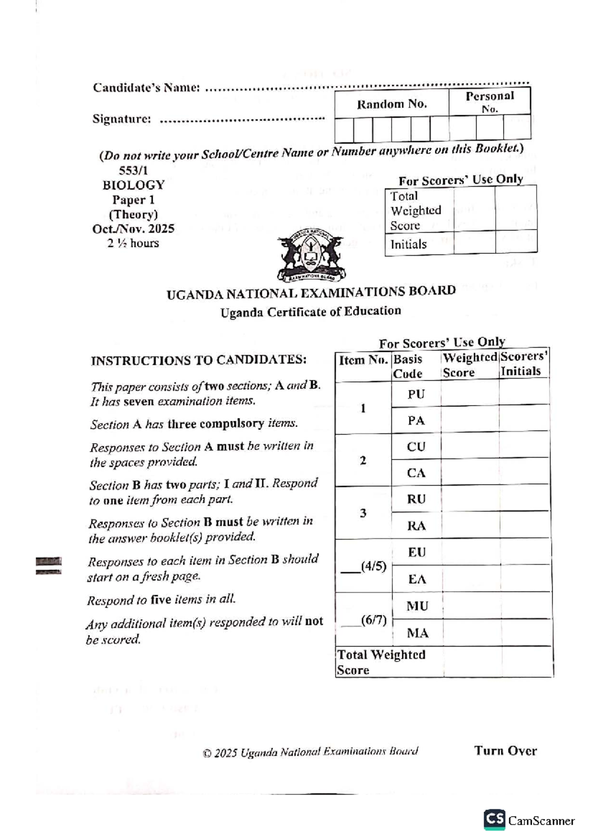 UNEB UCE Biology Paper 1 Exam 2025 - Theory Questions and Tasks - Studocu