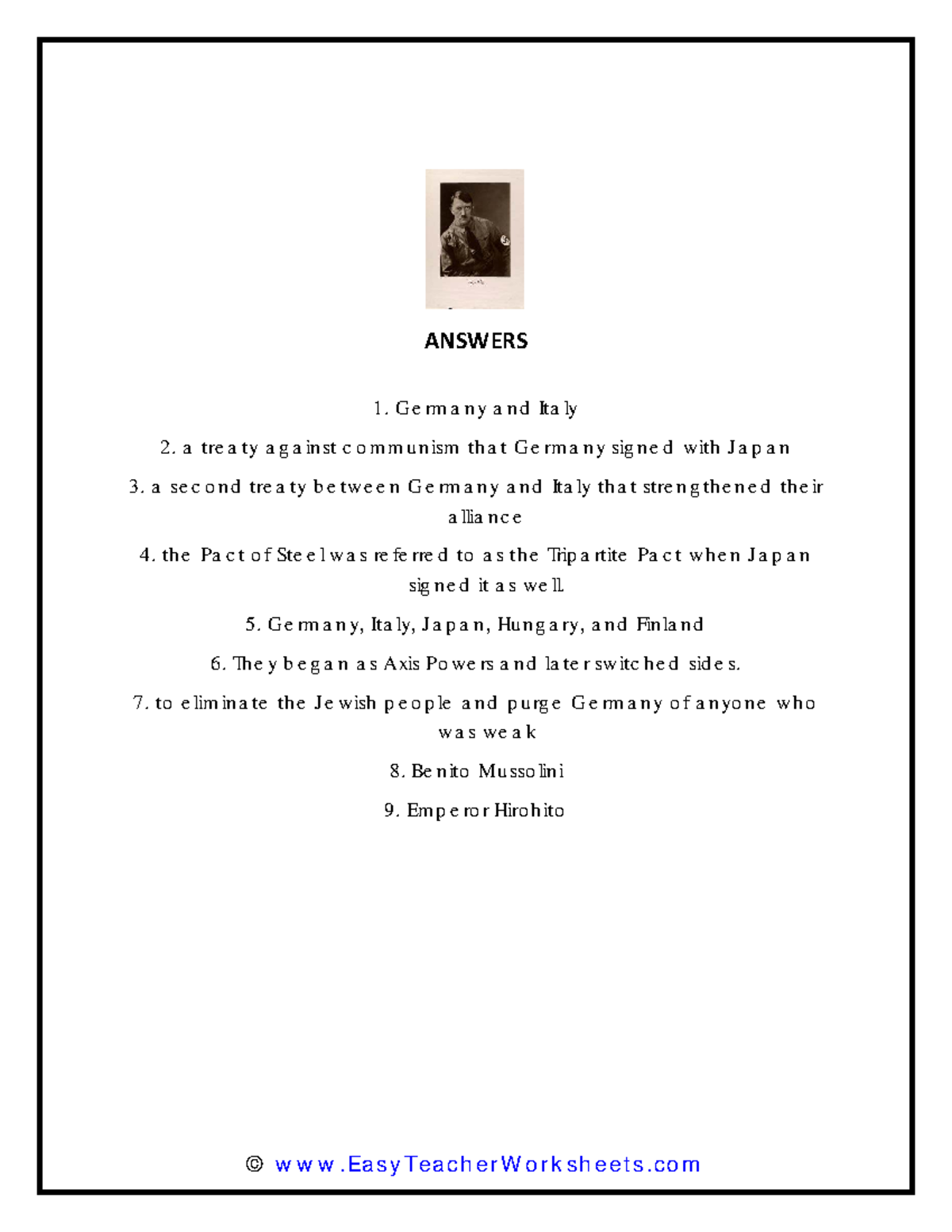 World War Two Answer Key - © EasyTeacherWorksheets ANSWERS Germany and Italy a treaty against ...