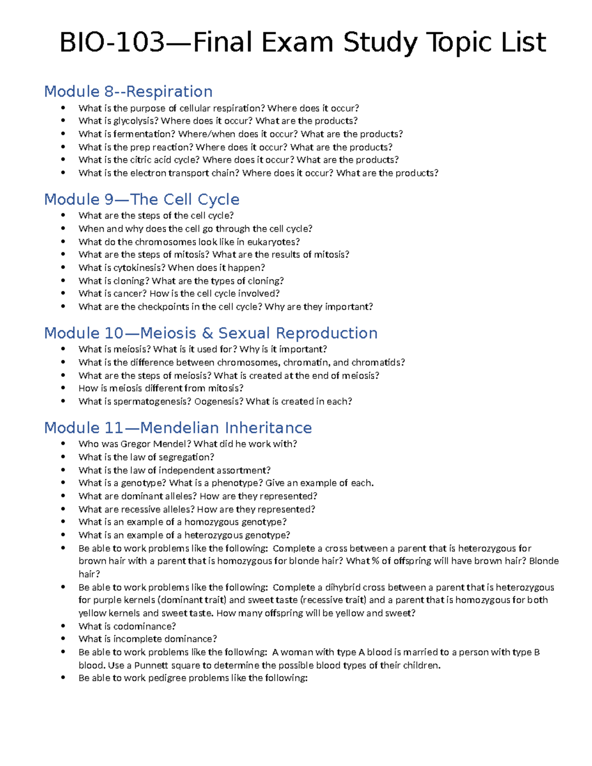 BIO-103—Final Exam Study Guide: Cellular Respiration to Gene Structure ...