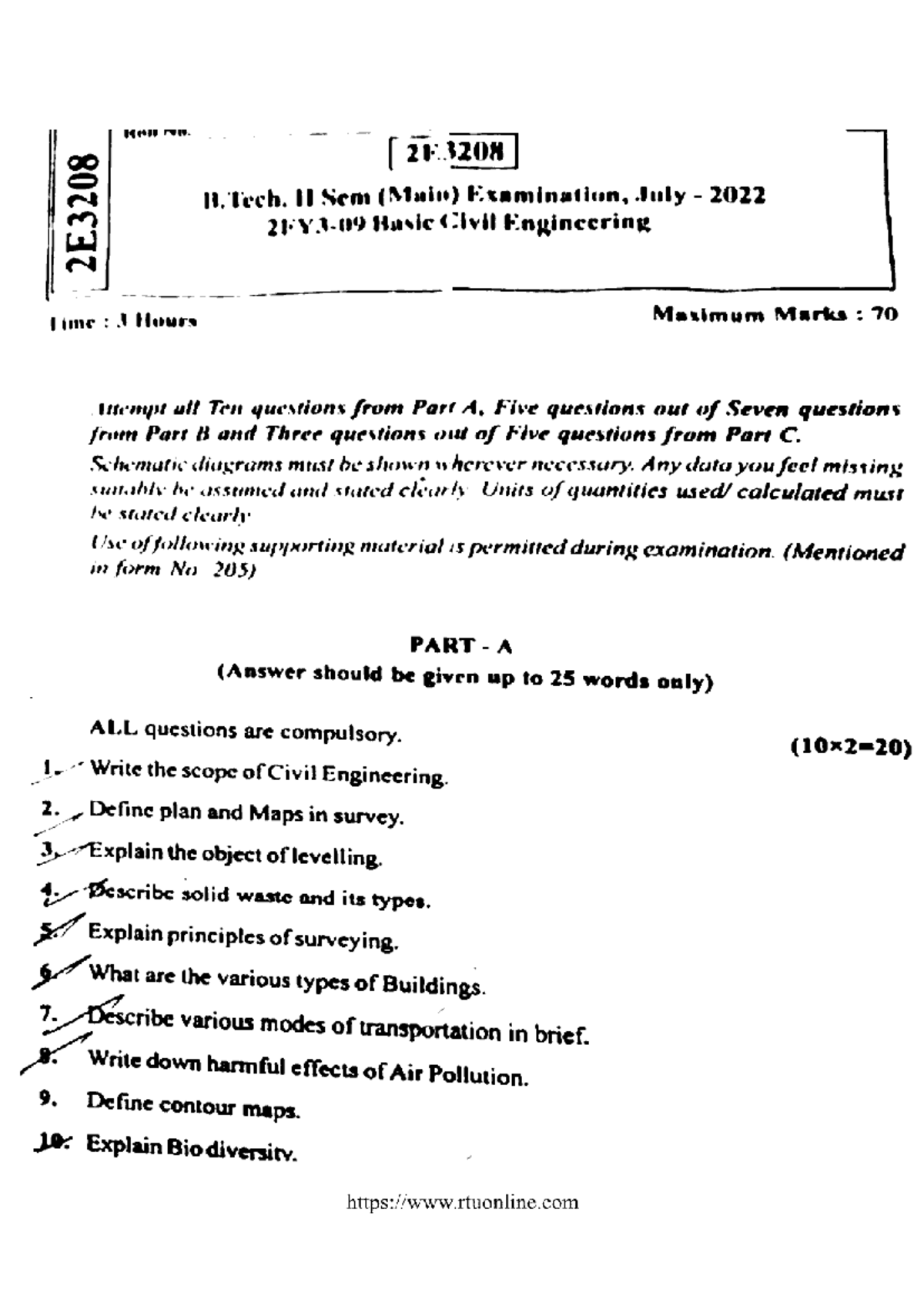 BTech 2 Sem Basic Civil Engineering Exam 2E3208 July 2022 Notes - Studocu