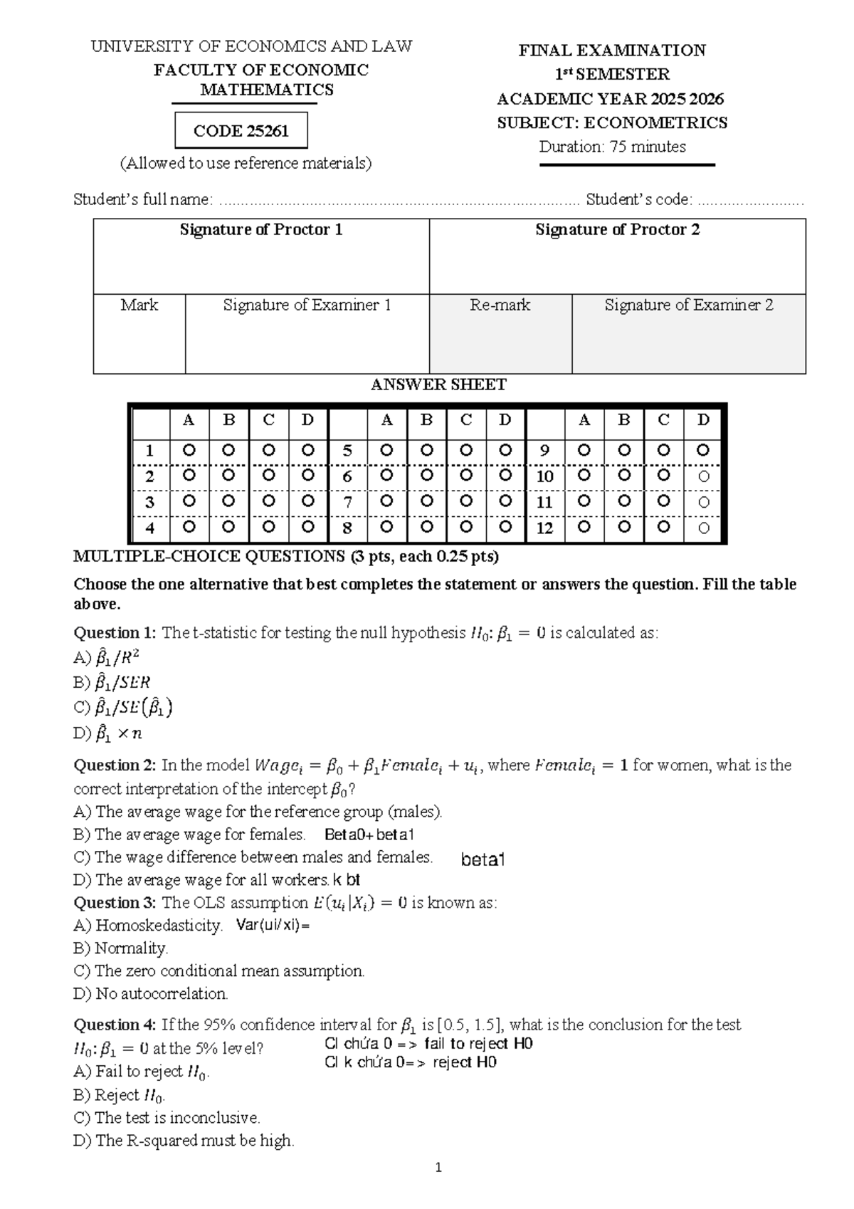 KTL 25261 Econometrics Final Exam 1st Semester AY 2025-2026 - Studocu