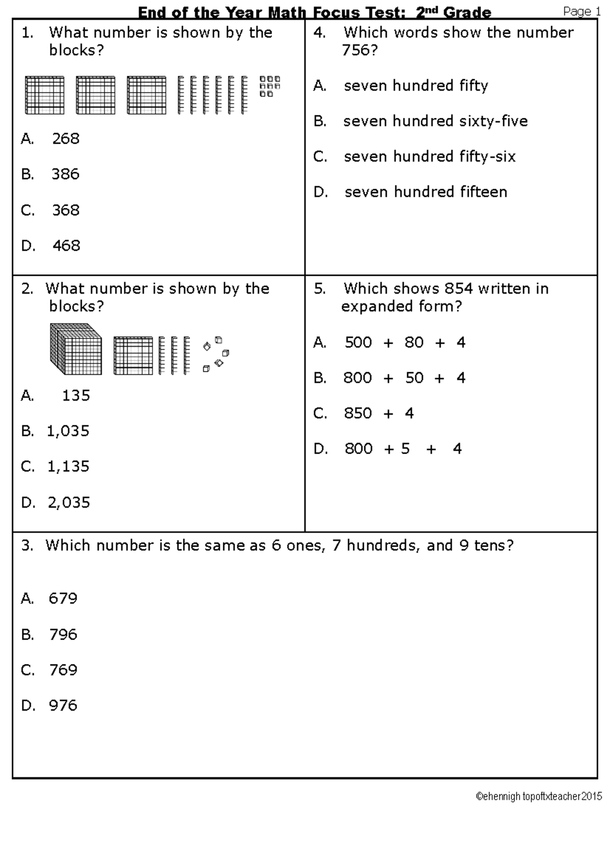 2nd Grade End of the Year Math Focus Test: Benchmark TEKS - Studocu
