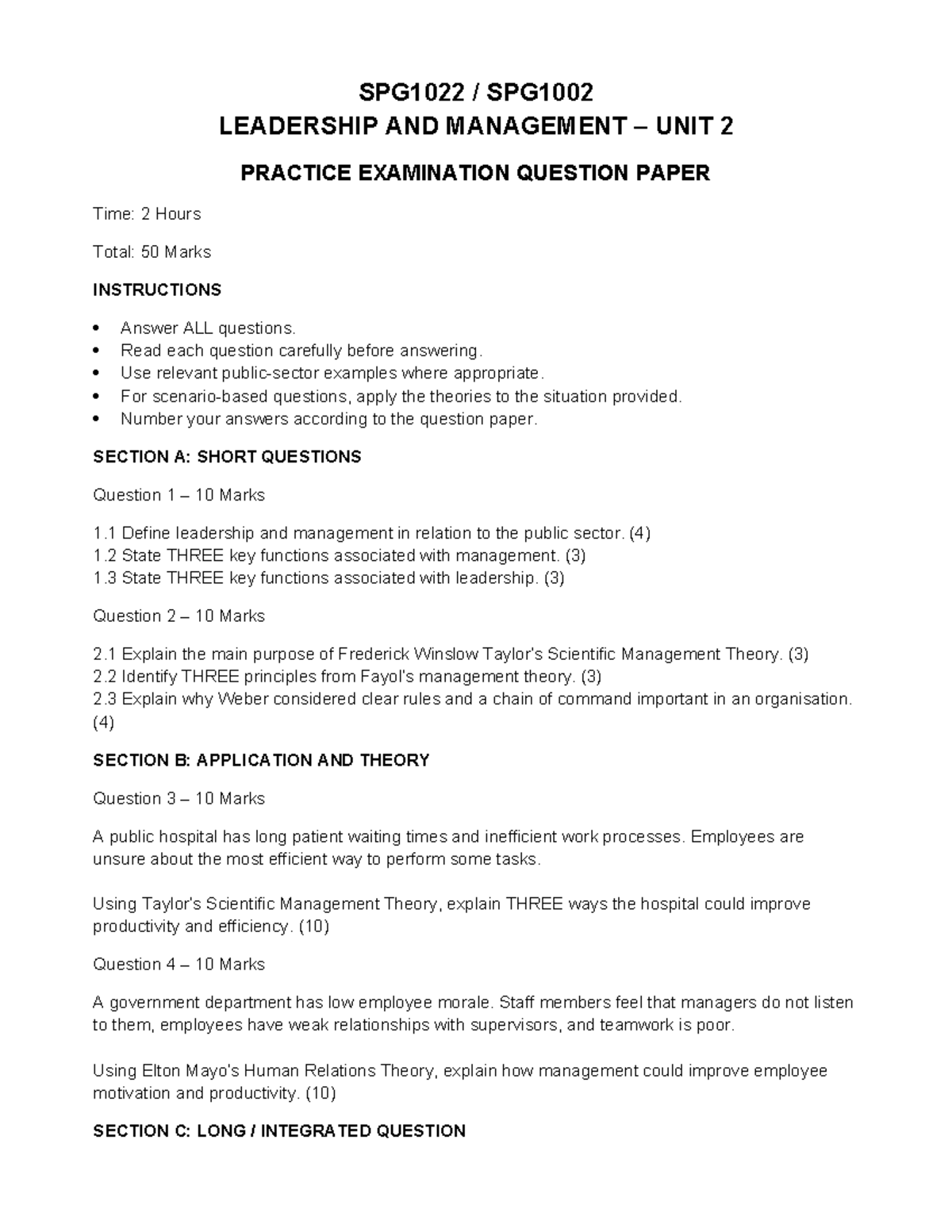 SPG1022 SPG1002 Leadership & Management Unit 2 Practice Exam - Studocu