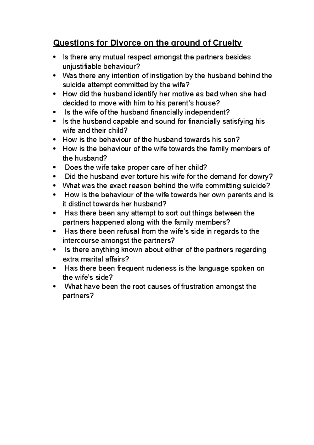 Divorce Questions on Grounds of Cruelty: A Comprehensive Guide - Studocu