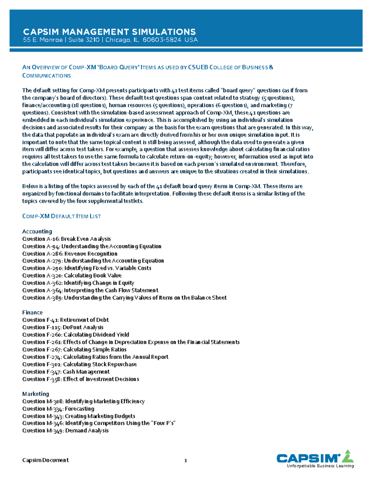 CAPSIM Management Simulations: Overview of Test Items and Topics - Studocu
