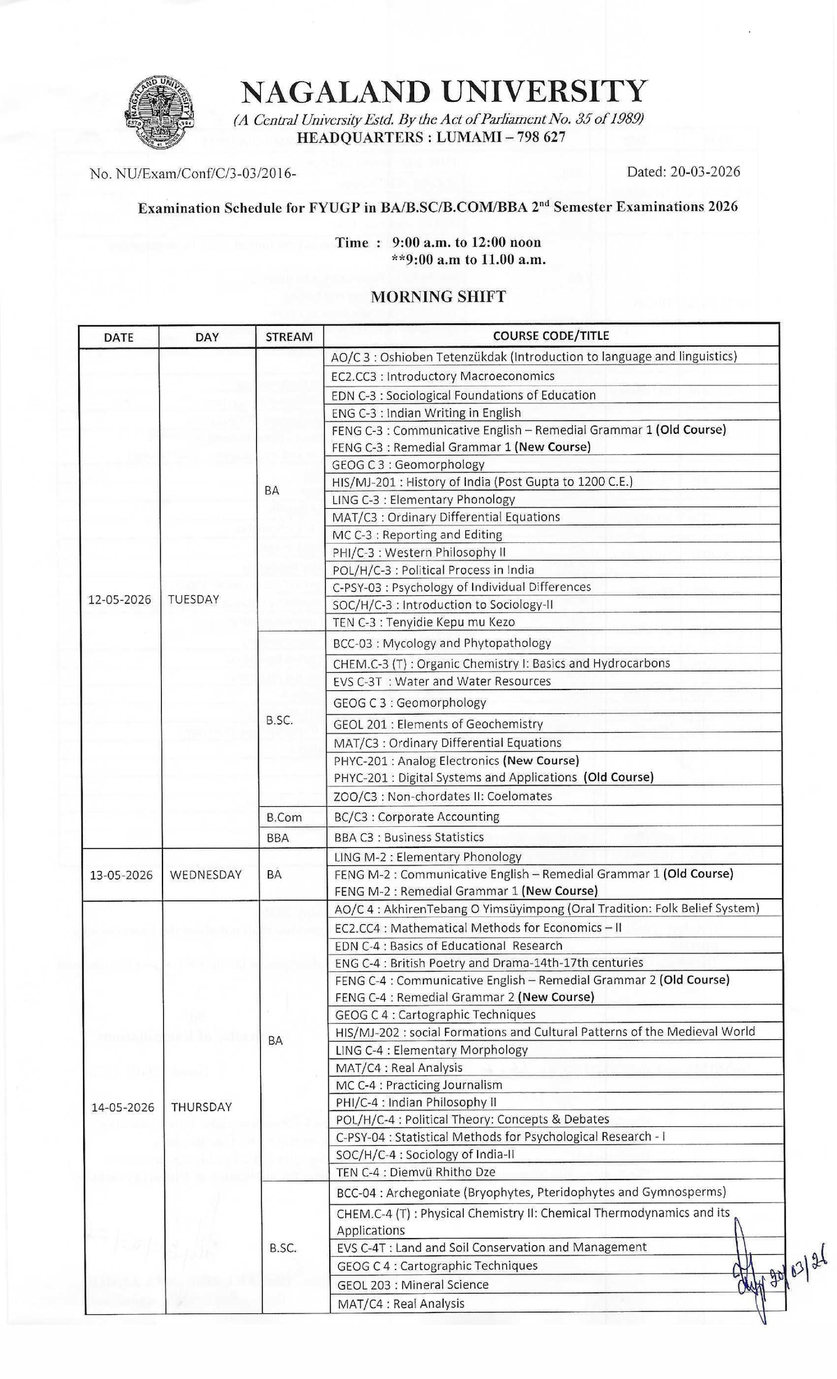 Examination Schedule for FYUGP 2nd Semester 2026 - Studocu