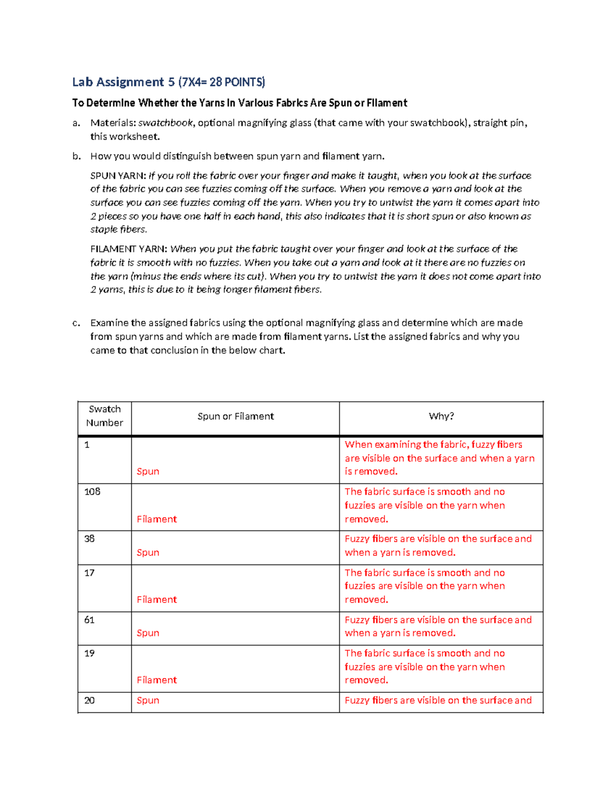 Lab Assignment 5 (7X4=28 PTS): Spun vs. Filament Yarn Analysis - Studocu