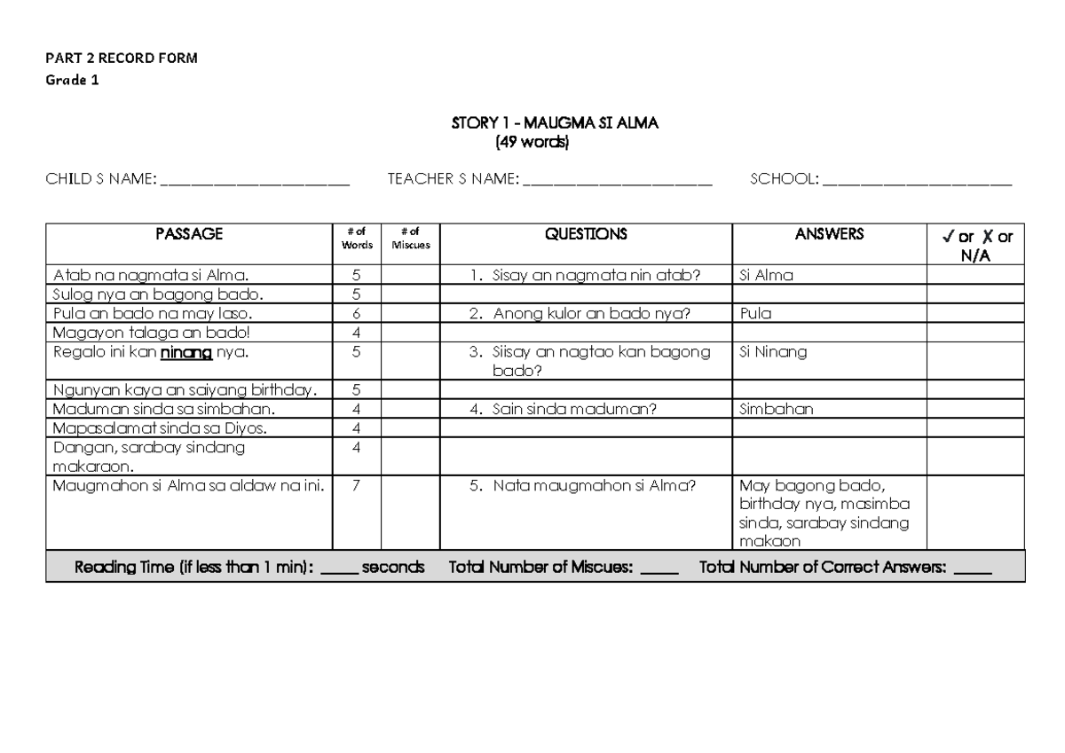 CB.G1.Modified CRLA - Grade 1 Reading Record Forms for Stories - Studocu