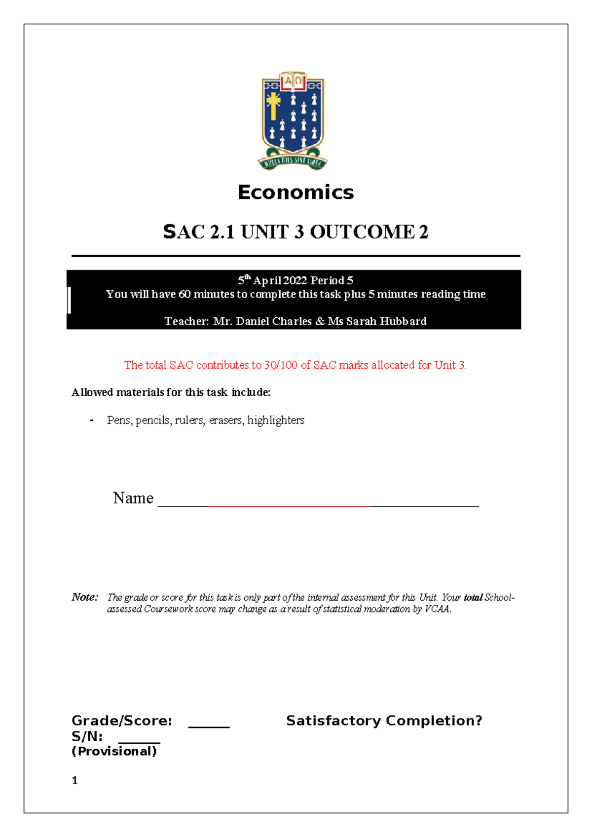 VCE Economics Unit 3 SAC 2 Analysis: Factors Influencing Goals - Studocu