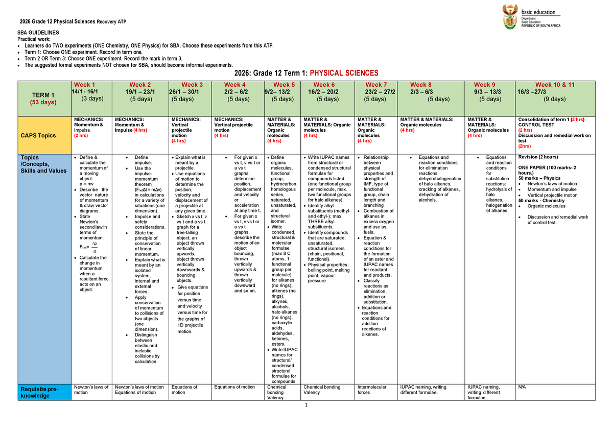 2026 Grade 12 Physical Sciences Recovery ATP: Annual Teaching Plan - Document Preview
