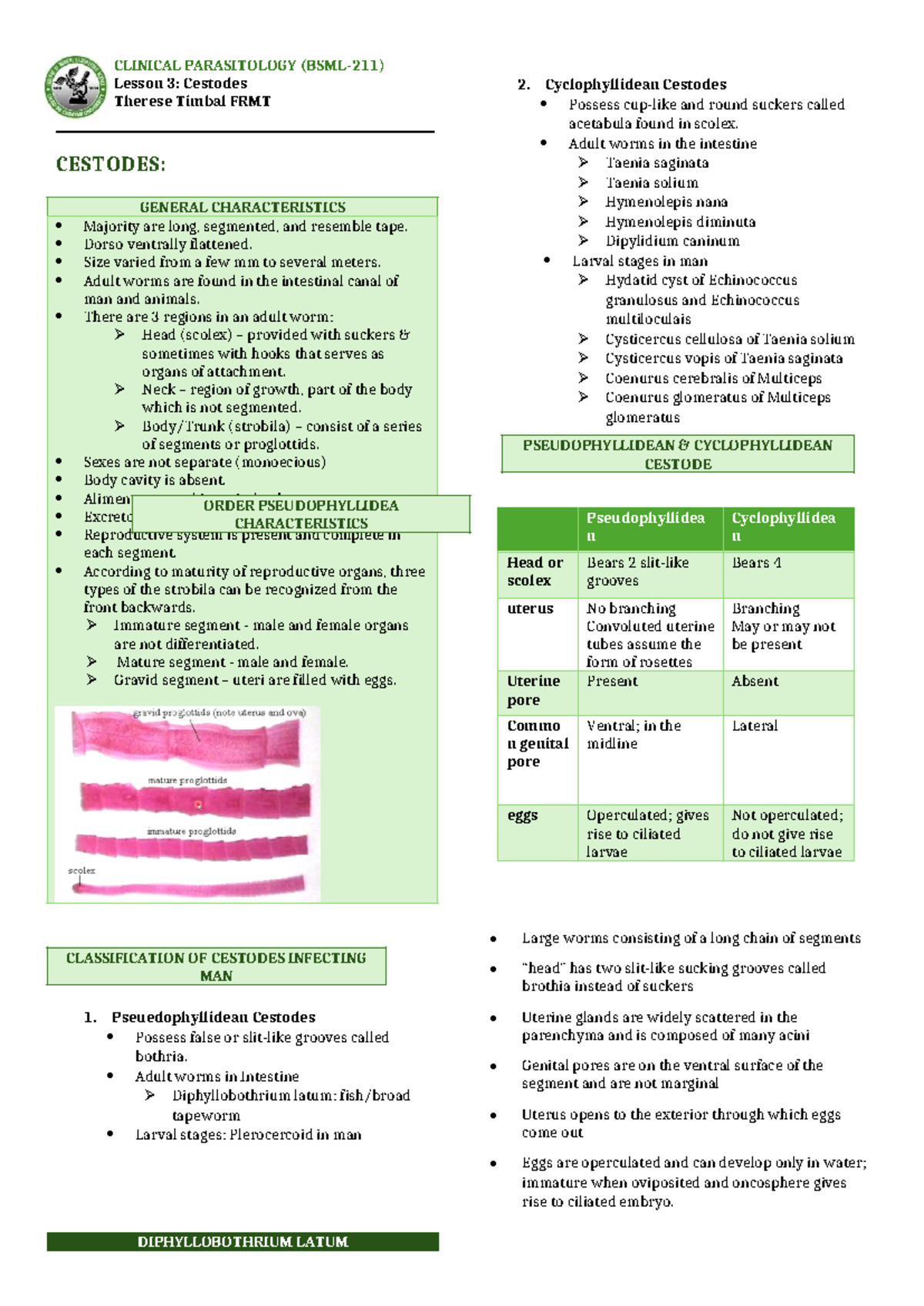 PARA LEC Cestodes - Clinical Parasitology Notes - CLINICAL PARASITOLOGY ...