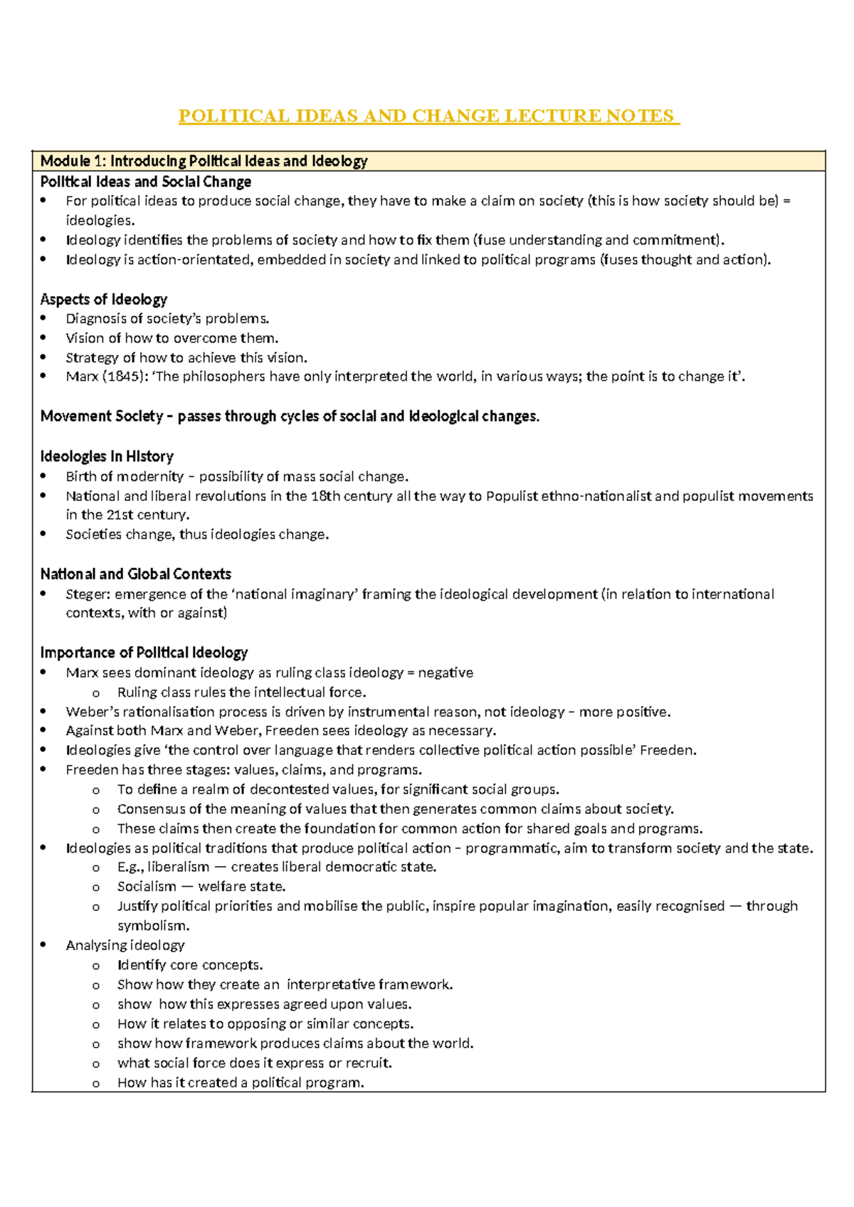 POLI101 Lecture Notes: Political Ideas and Change Overview - Studocu