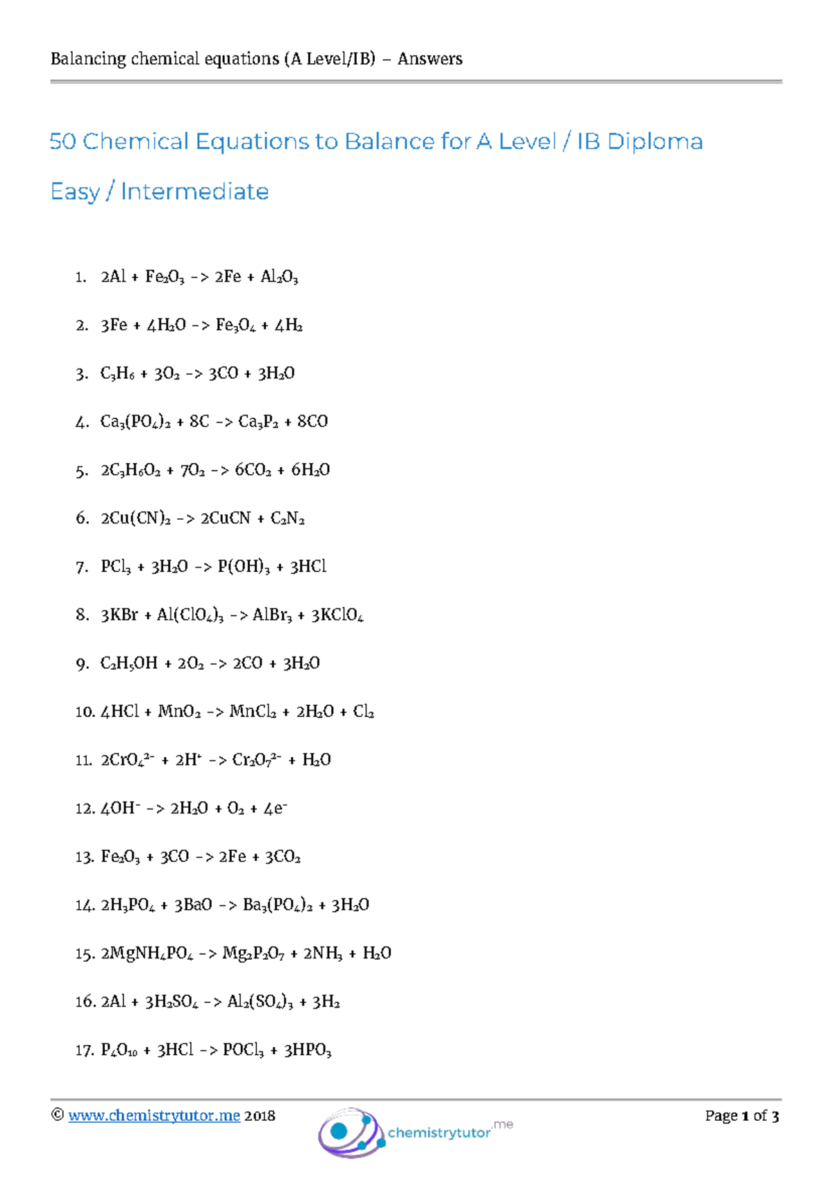 Balancing Chemical Equations Worksheet 2 Answers (MS) - Studocu