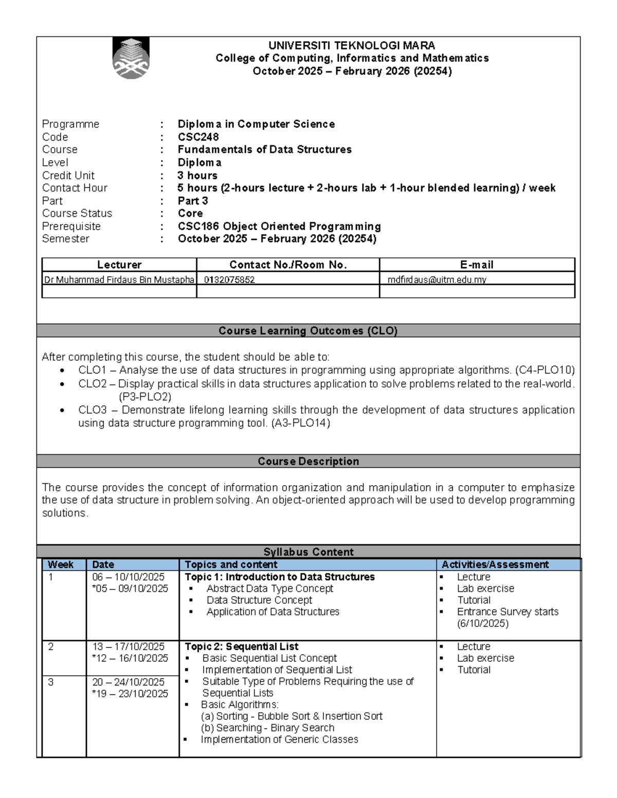 CSC248 Fundamentals of Data Structures Course Outline (Oct 2025 - Feb ...