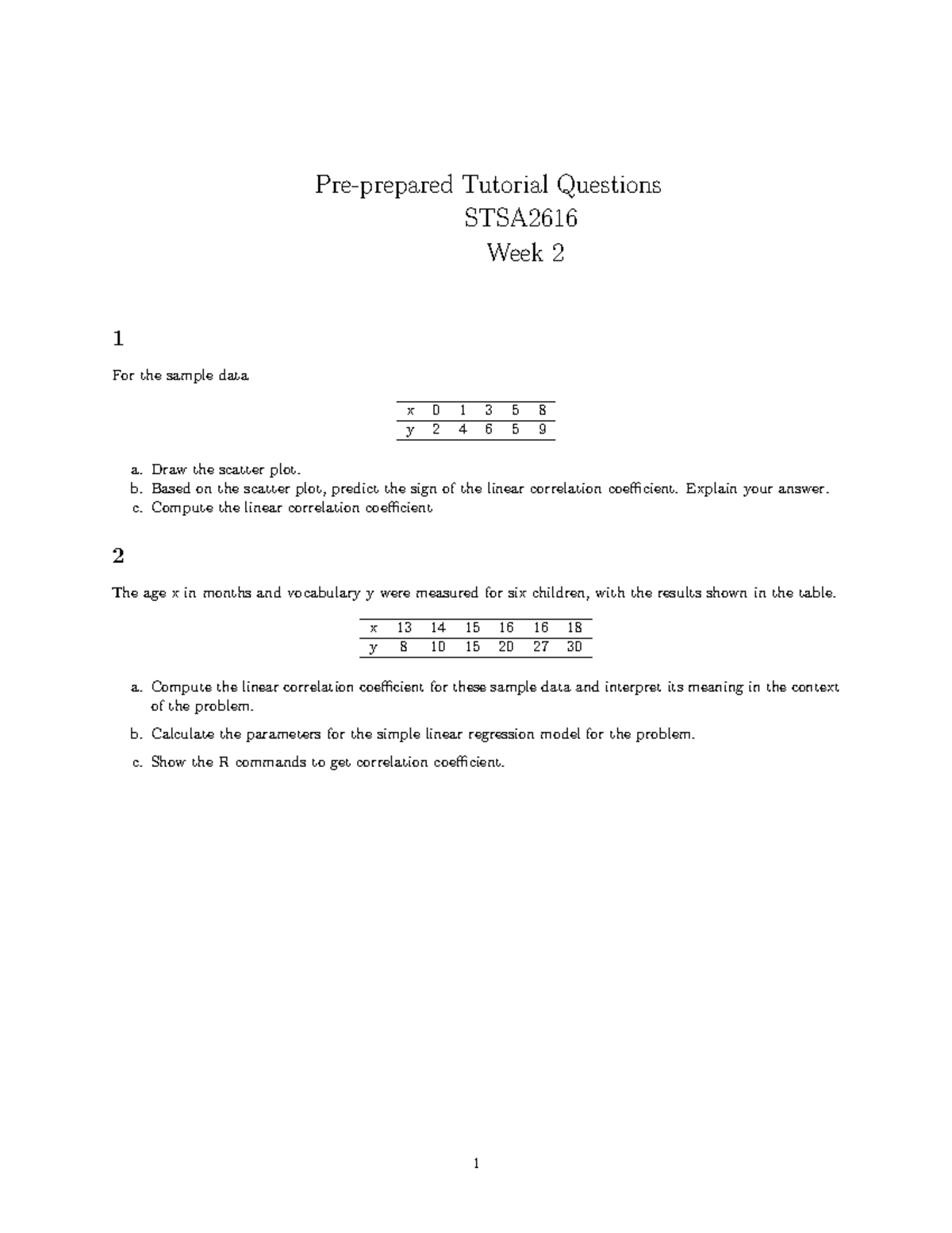 Tutorial Questions STSA2616 Week 2: Correlation & Regression Analysis ...