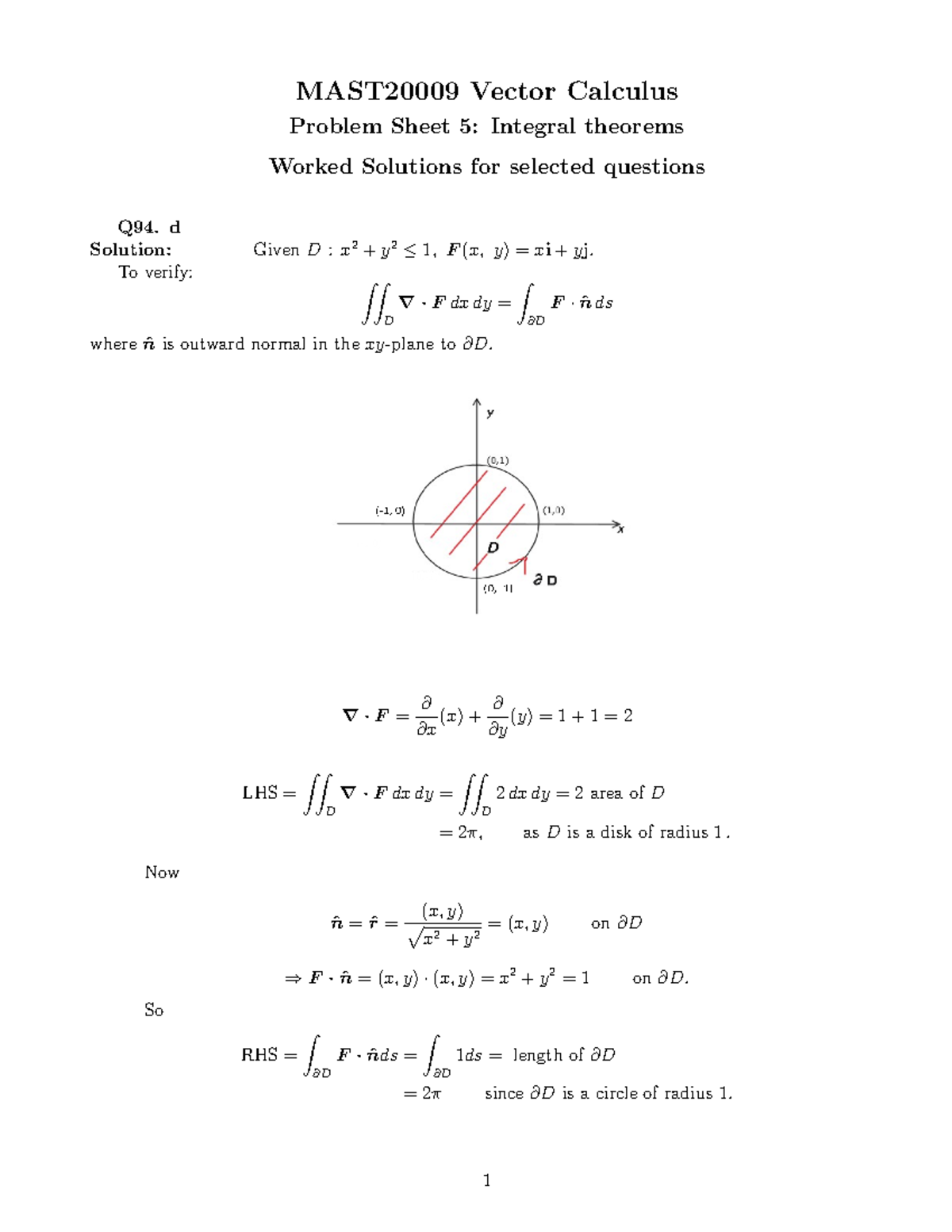 Worked Solutions 5.2 2024S2 - MAST20009 Vector Calculus Problem Sheet 5 ...