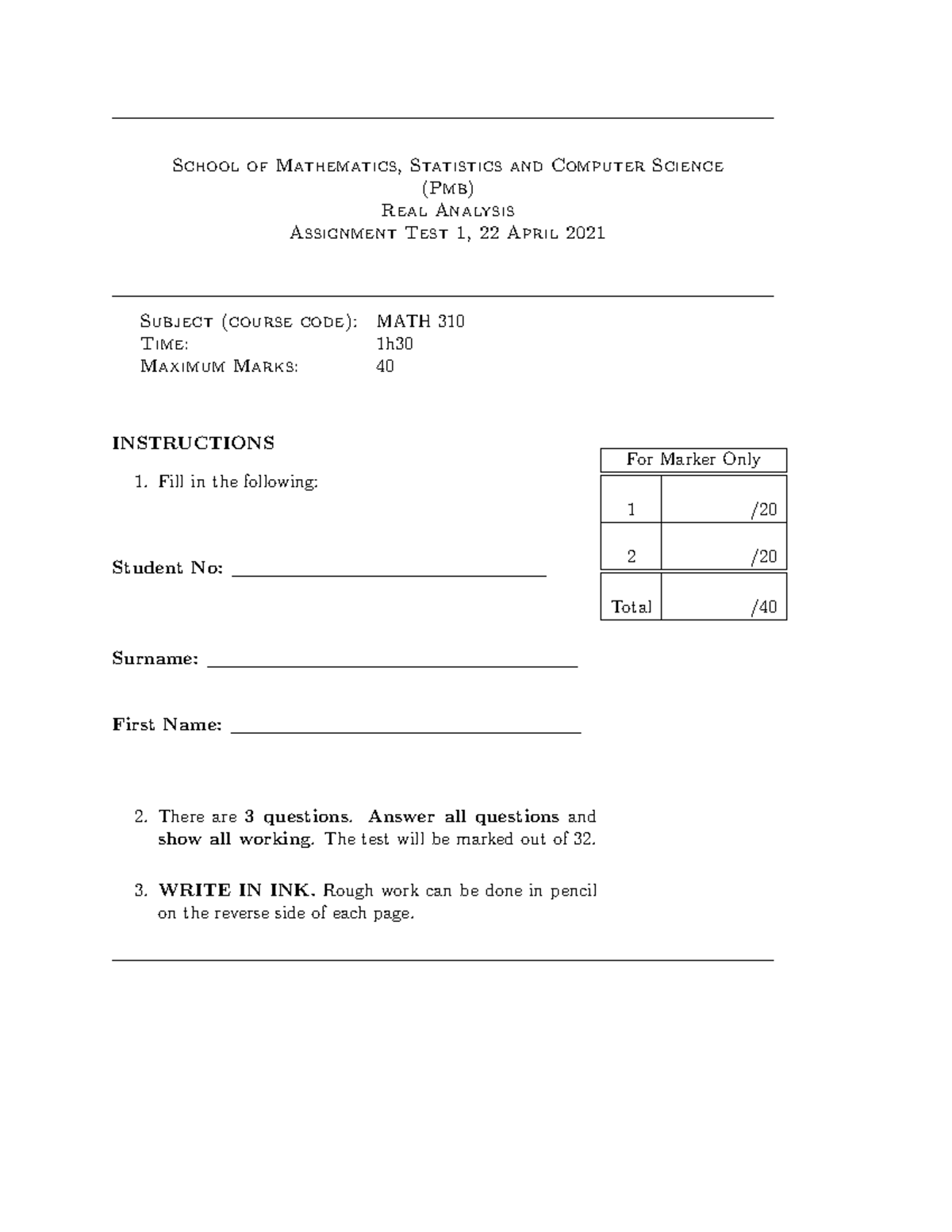 MATH310-Test1 - Real Analysis Test 1 Instructions & Questions - Studocu