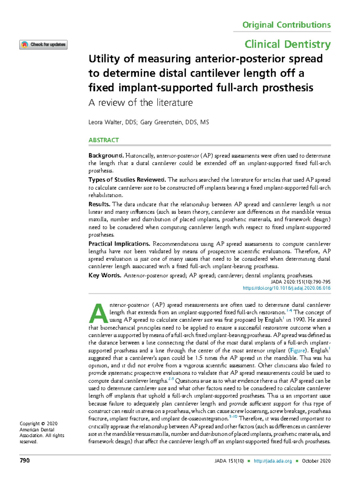 Utility of Anterior-Posterior Spread in Fixed Full-Arch Prostheses: A ...