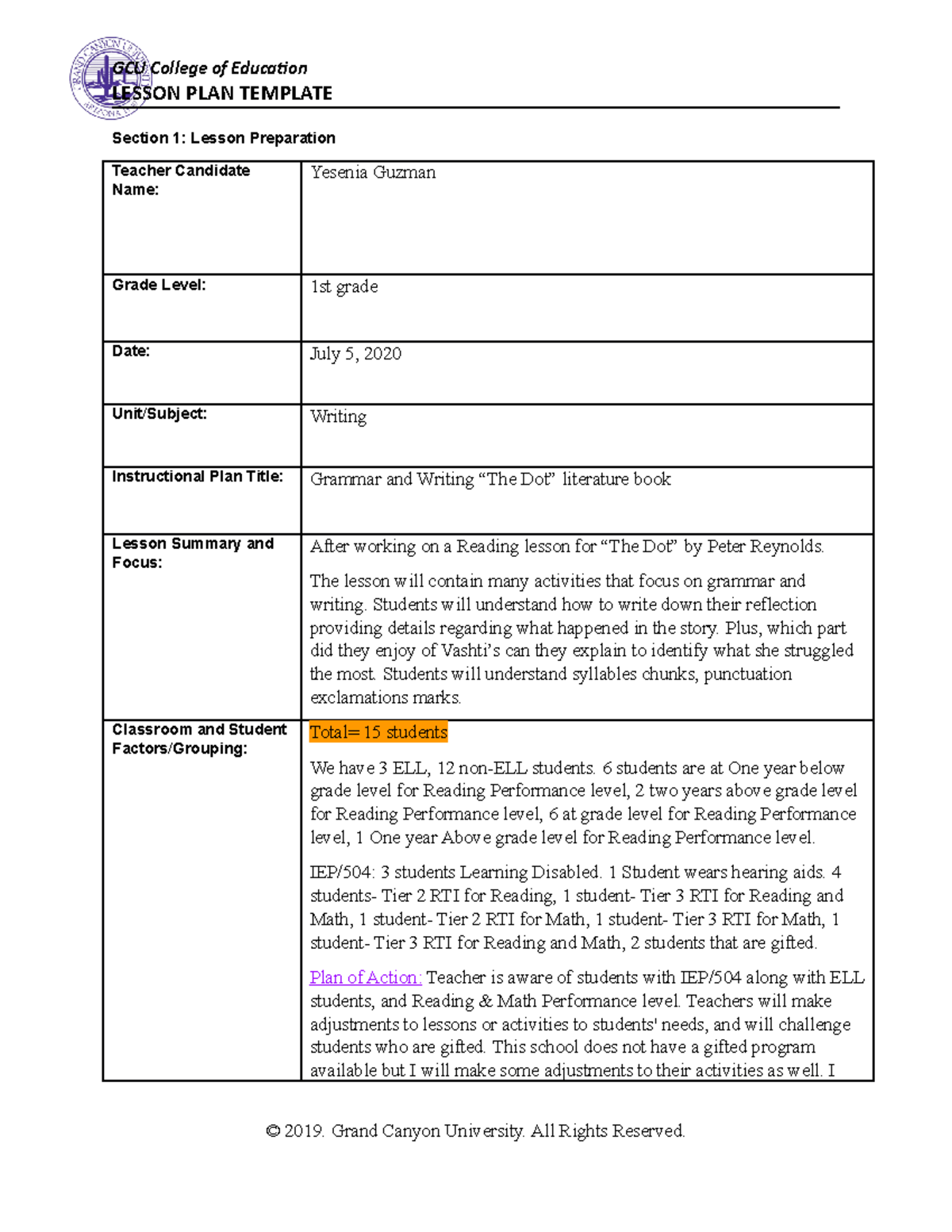ELM-480-1st Grade Grammar & Writing Lesson Plan - July 2020 - Studocu