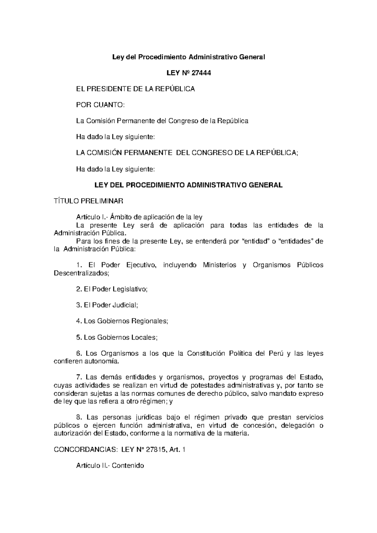 LEY Nº 27444 - Ley del Procedimiento Administrativo General 2012 - Ley ...