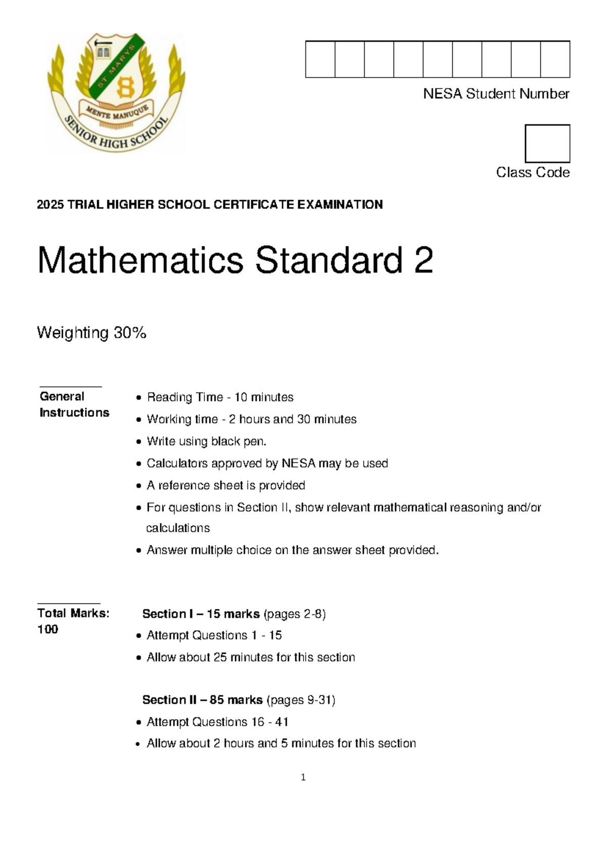 2025 HSC Trial Exam - Mathematics Standard 2 - St Marys - Studocu
