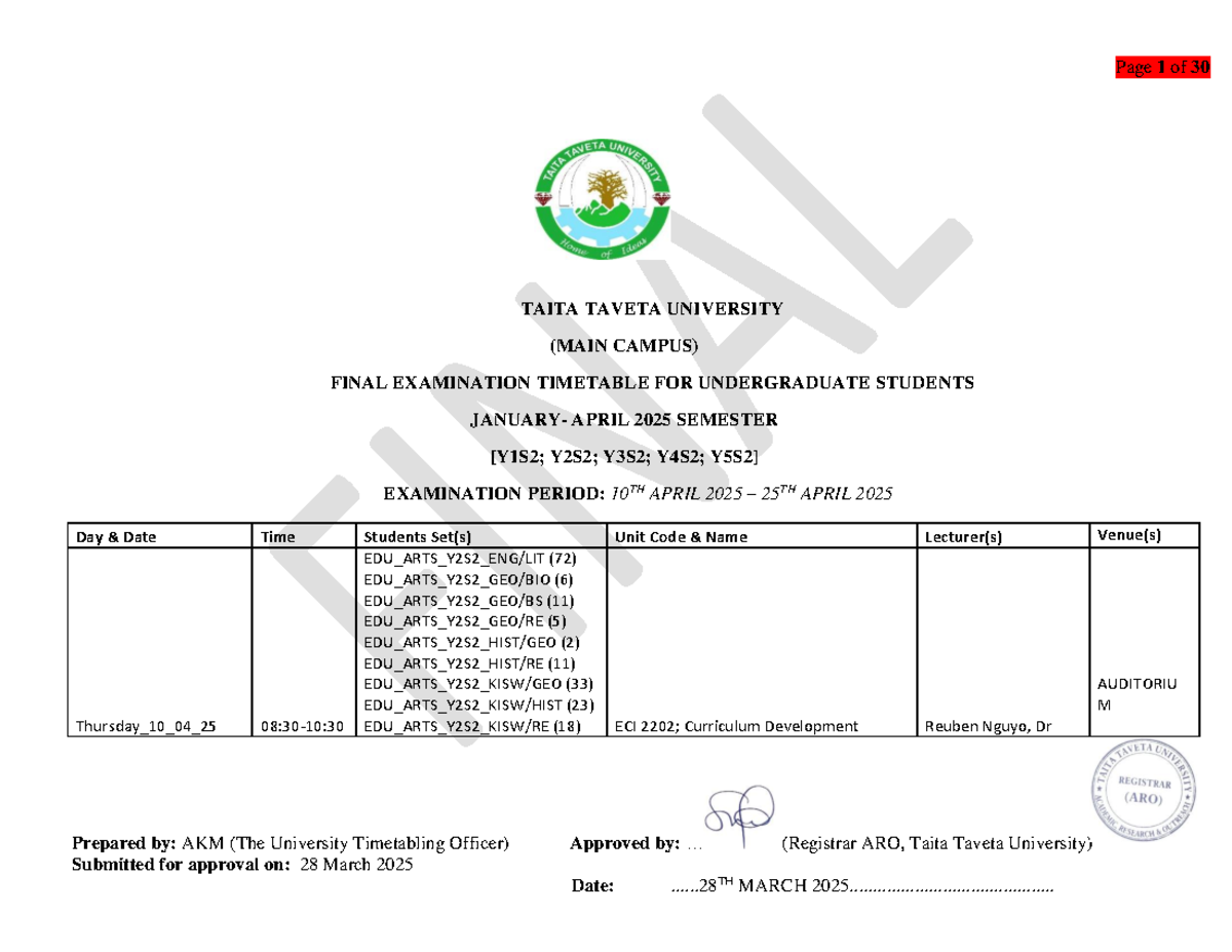Final Exam Timetable for Undergraduates JAN-APR SEM 2025-A - Studocu