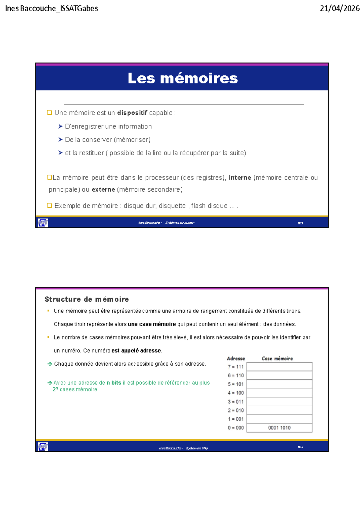 Systèmes sur Chip (SOC) - Chapitre 3 : Les Mémoires - Studocu
