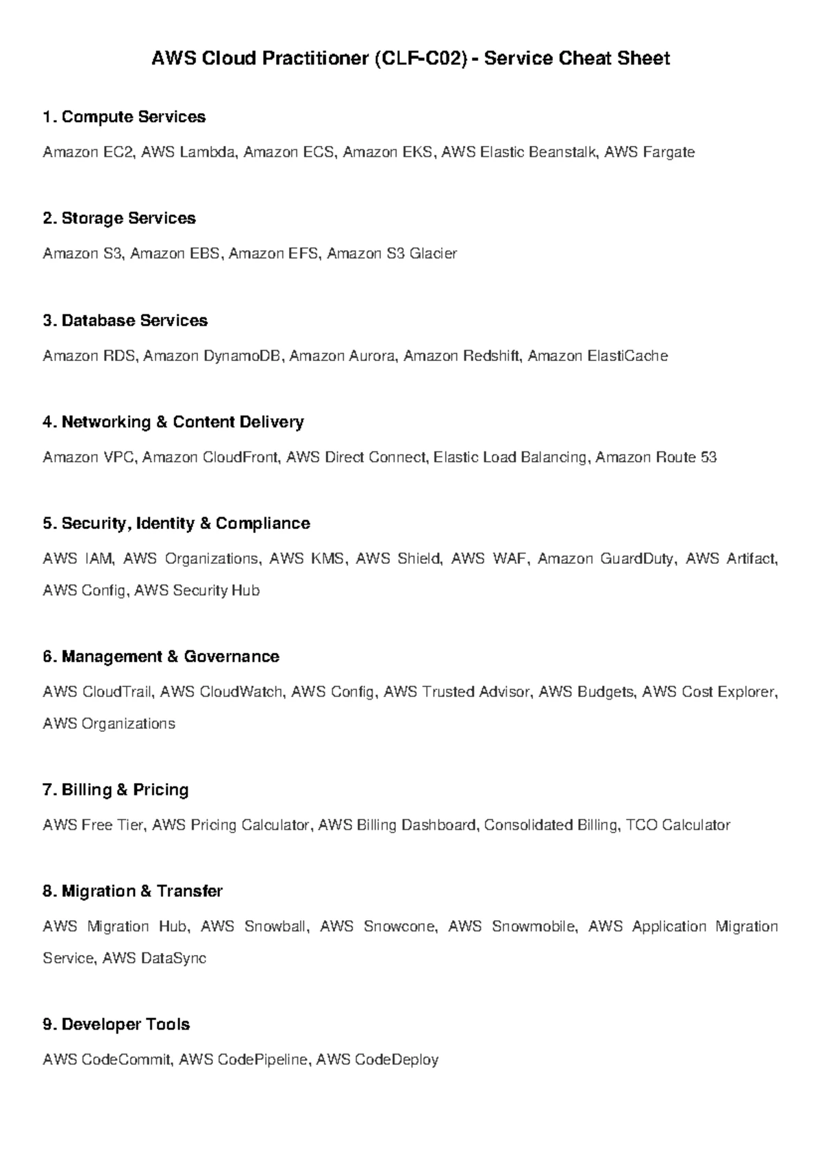 AWS CLF C02 Cloud Practitioner Service Cheat Sheet with Descriptions ...