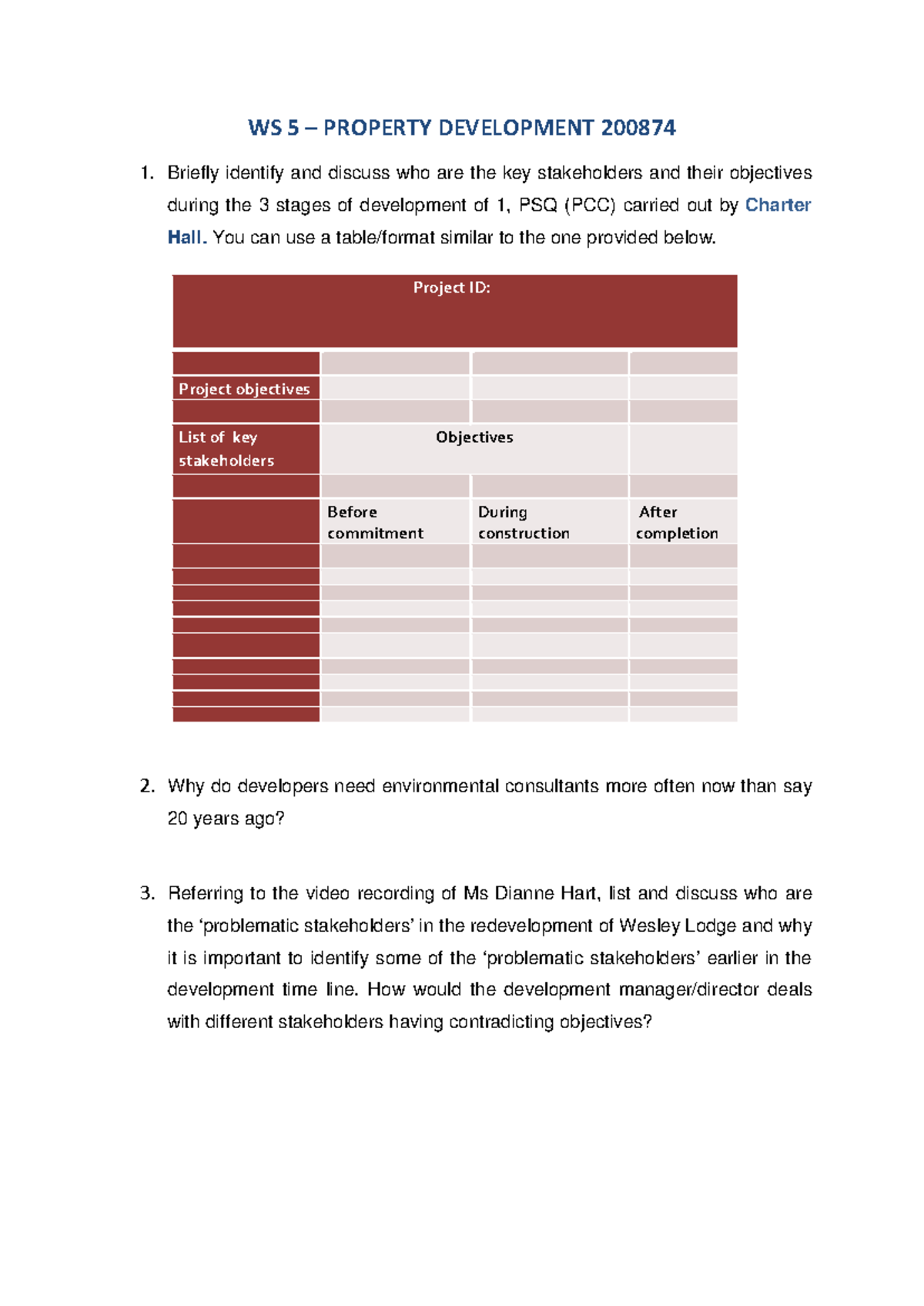 WS 5 PROPERTY DEVELOPMENT 200874: Key Stakeholders & Their Objectives ...