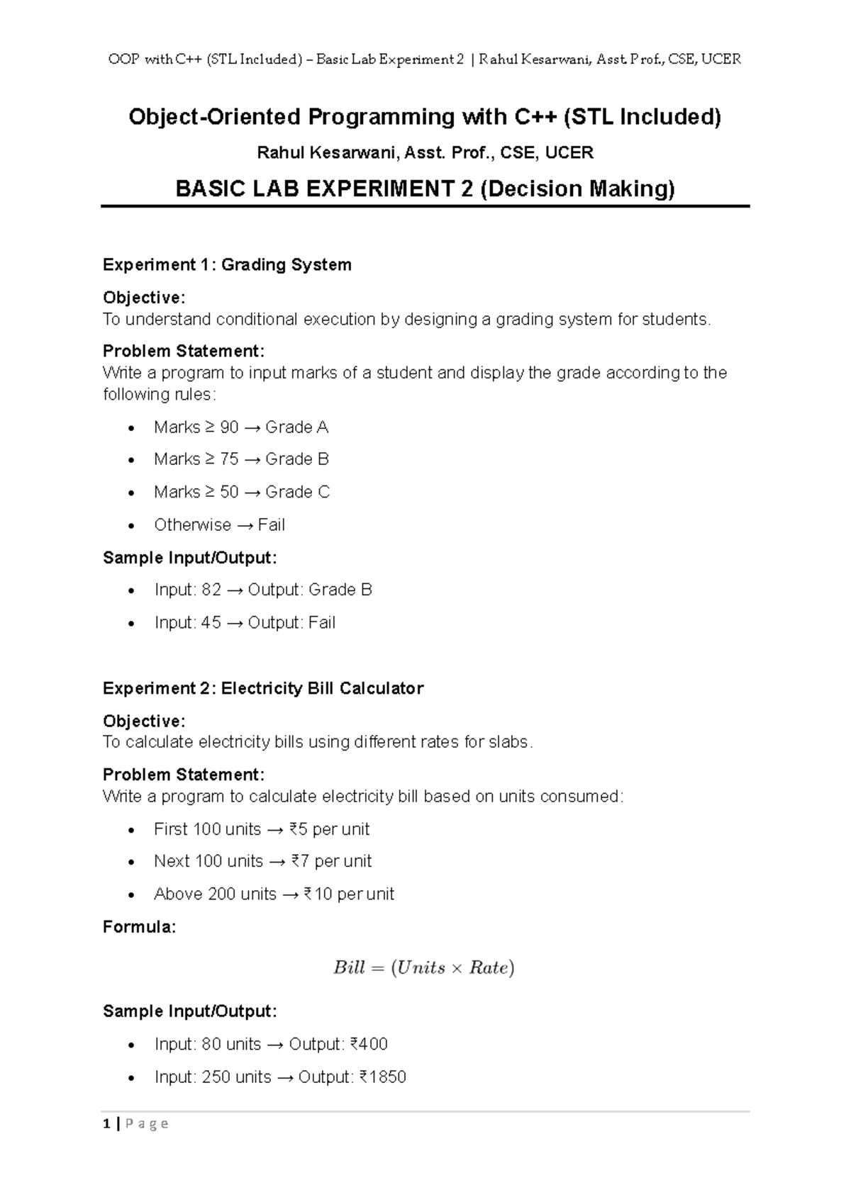 CSE Basic Lab Experiment 2: Decision Making in OOP with STL - Studocu