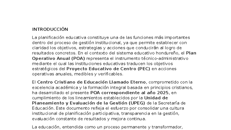 Plan Operativo Anual (POA) 2025: Estrategias Educativas y Valores - Studocu