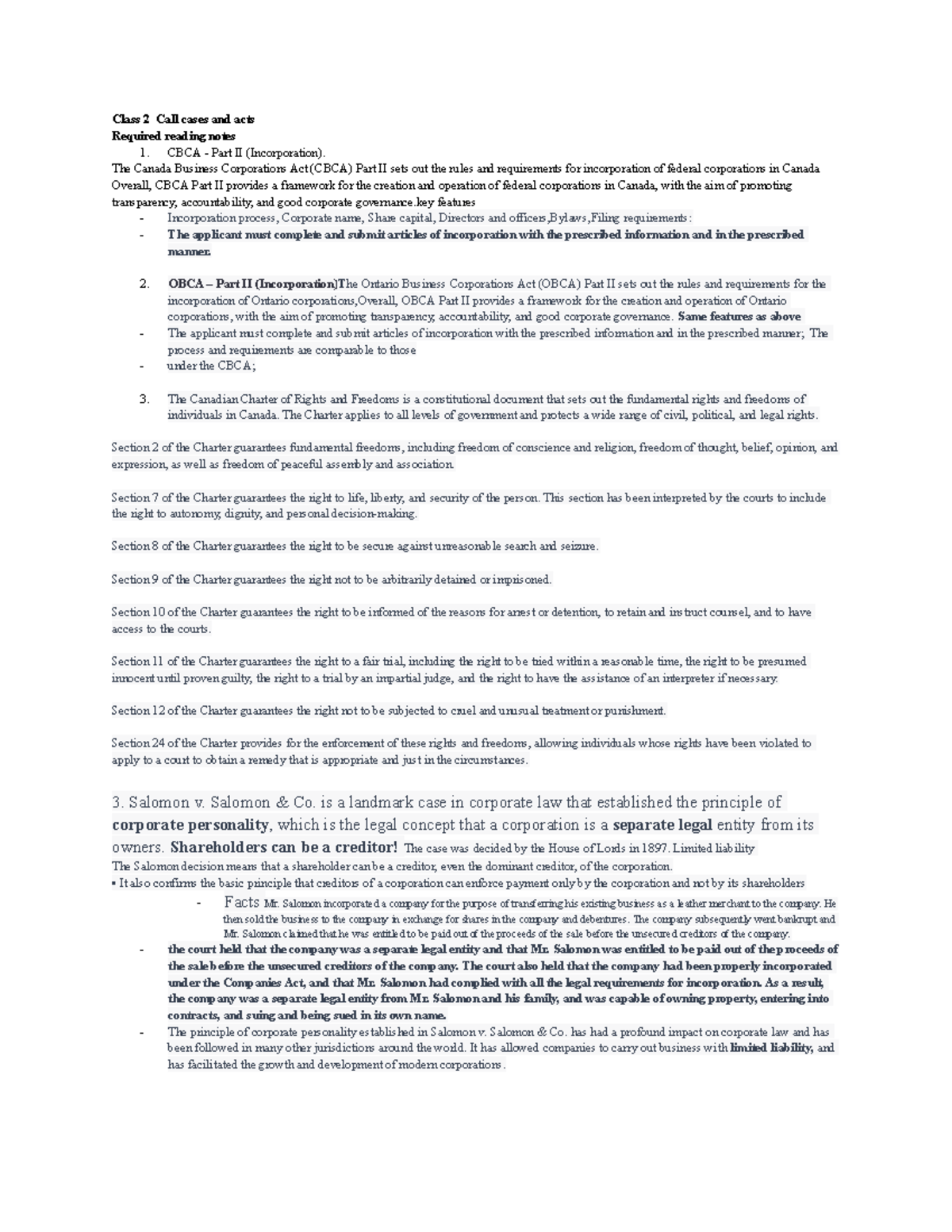 Midterm Notes: CBCA & OBCA Key Concepts and Case Studies - 604 - Studocu