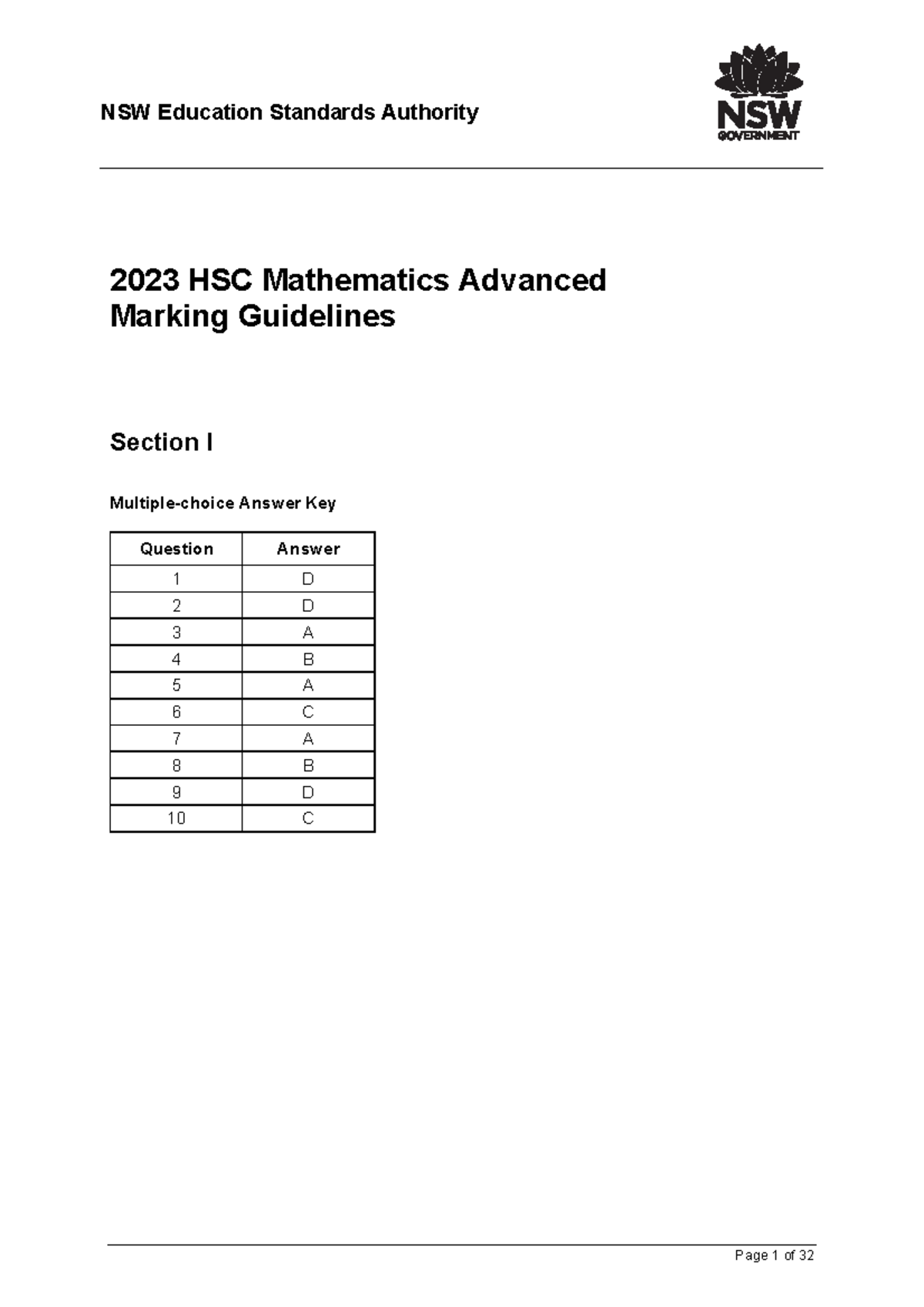 2023 HSC Mathematics Advanced Solutions & Marking Guidelines - Studocu