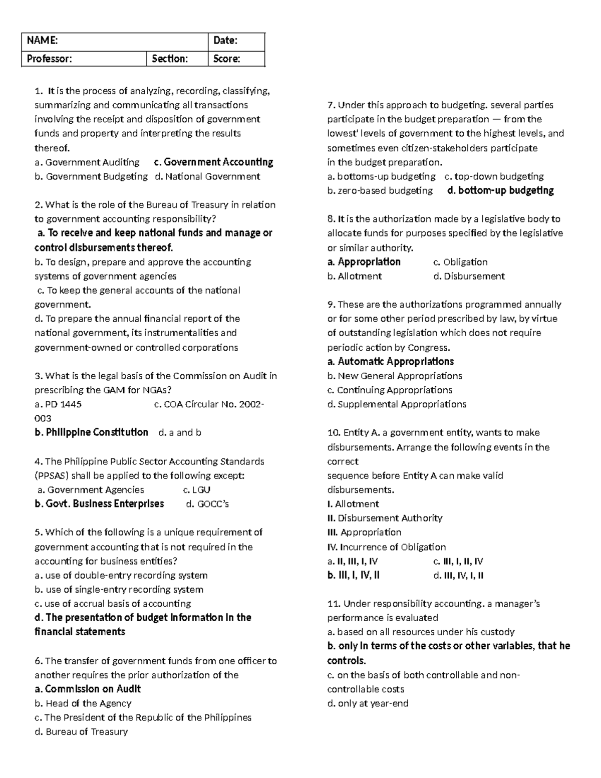 ACC 111 Long Quiz Answers - Government Accounting Concepts - Studocu