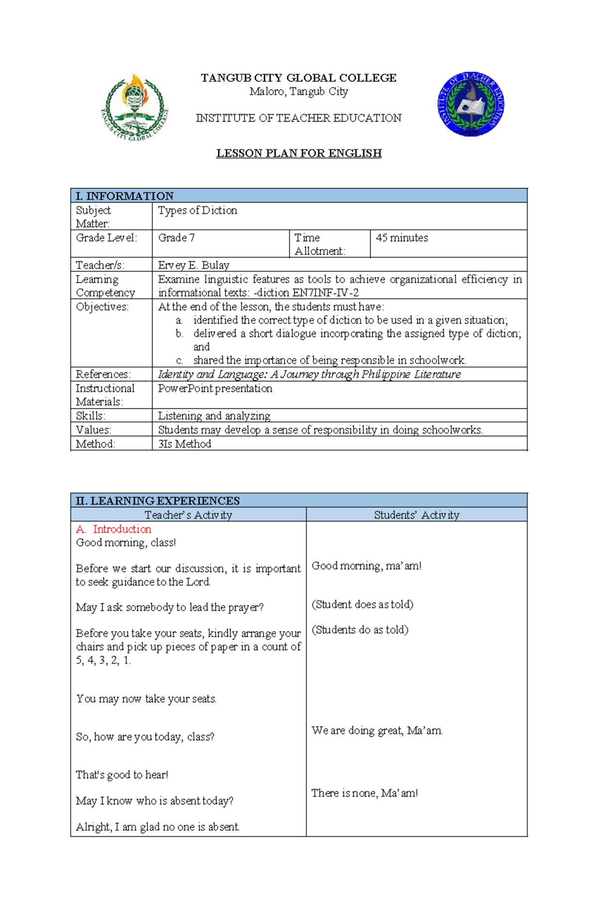 3Is - Lesson Plan on Types of Diction for English I (Grade 7) - Studocu