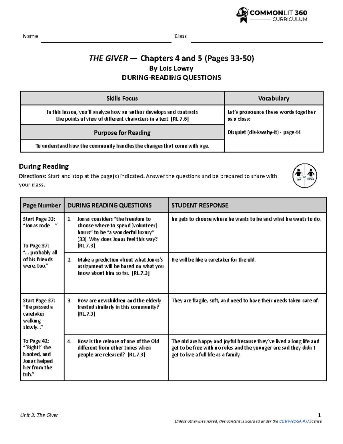 7G Unit 3 The Giver Chapters 4-5 During Reading Questions - Studocu