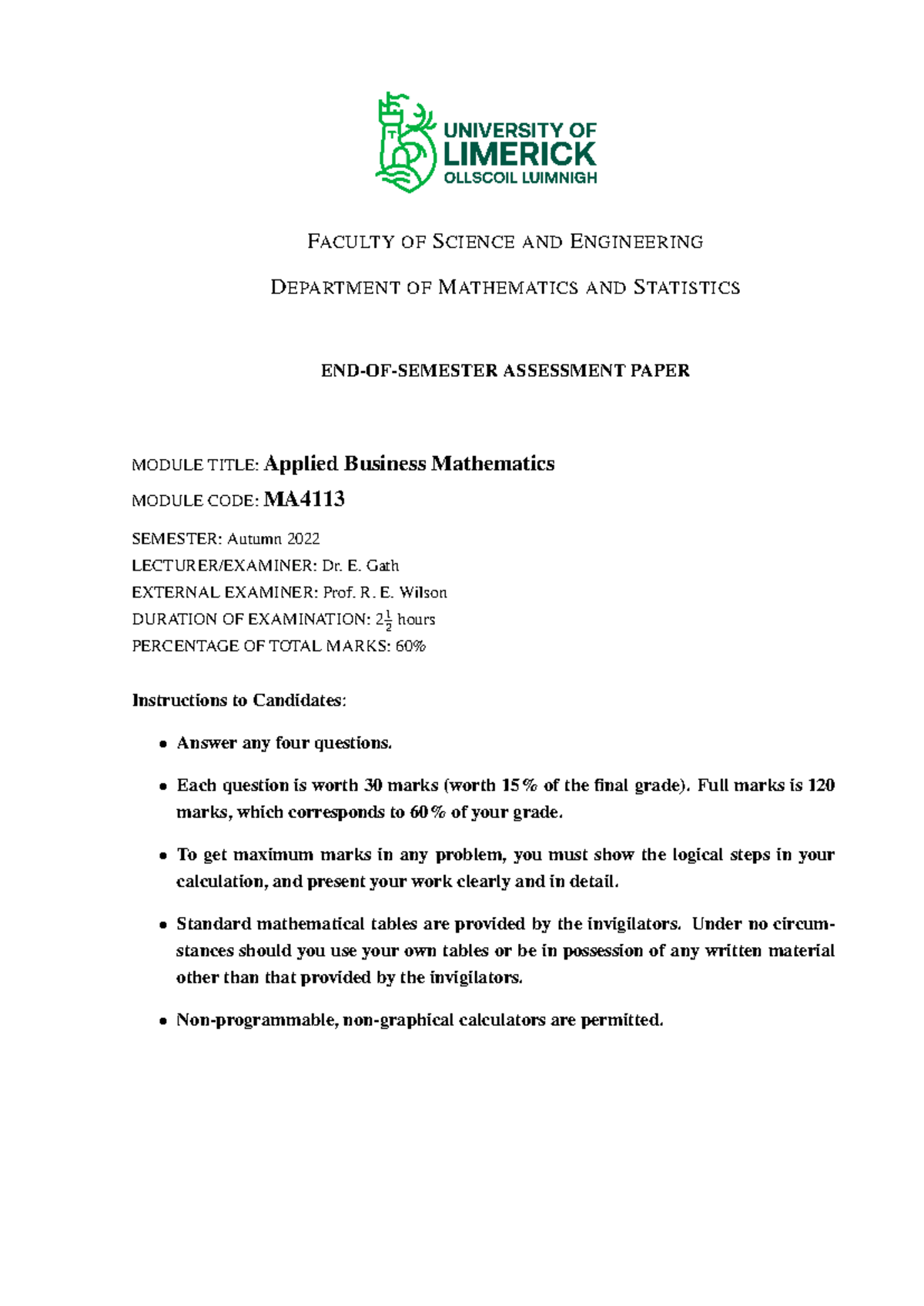 MA4113 Applied Business Mathematics Final Exam Paper - Autumn 2022 ...