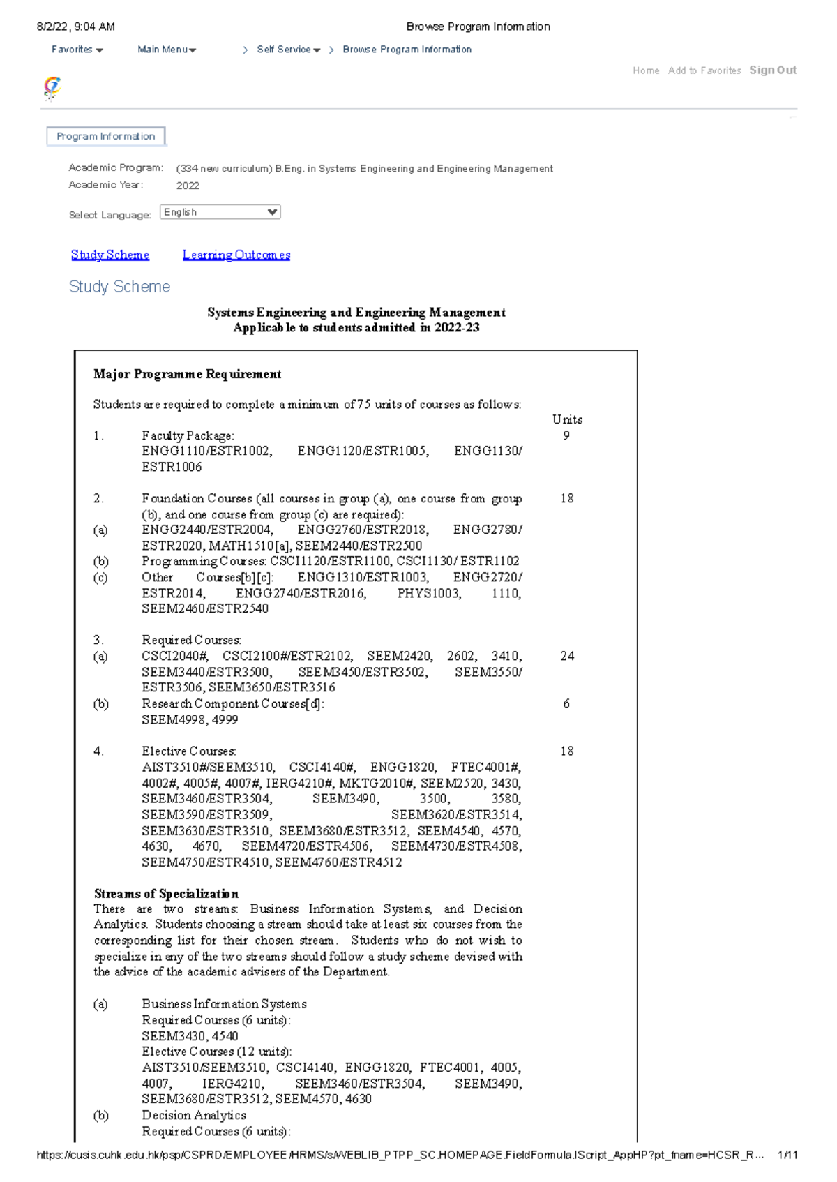 SEEM-2022-23 Major Program Requirements Overview and Study Scheme - Studocu