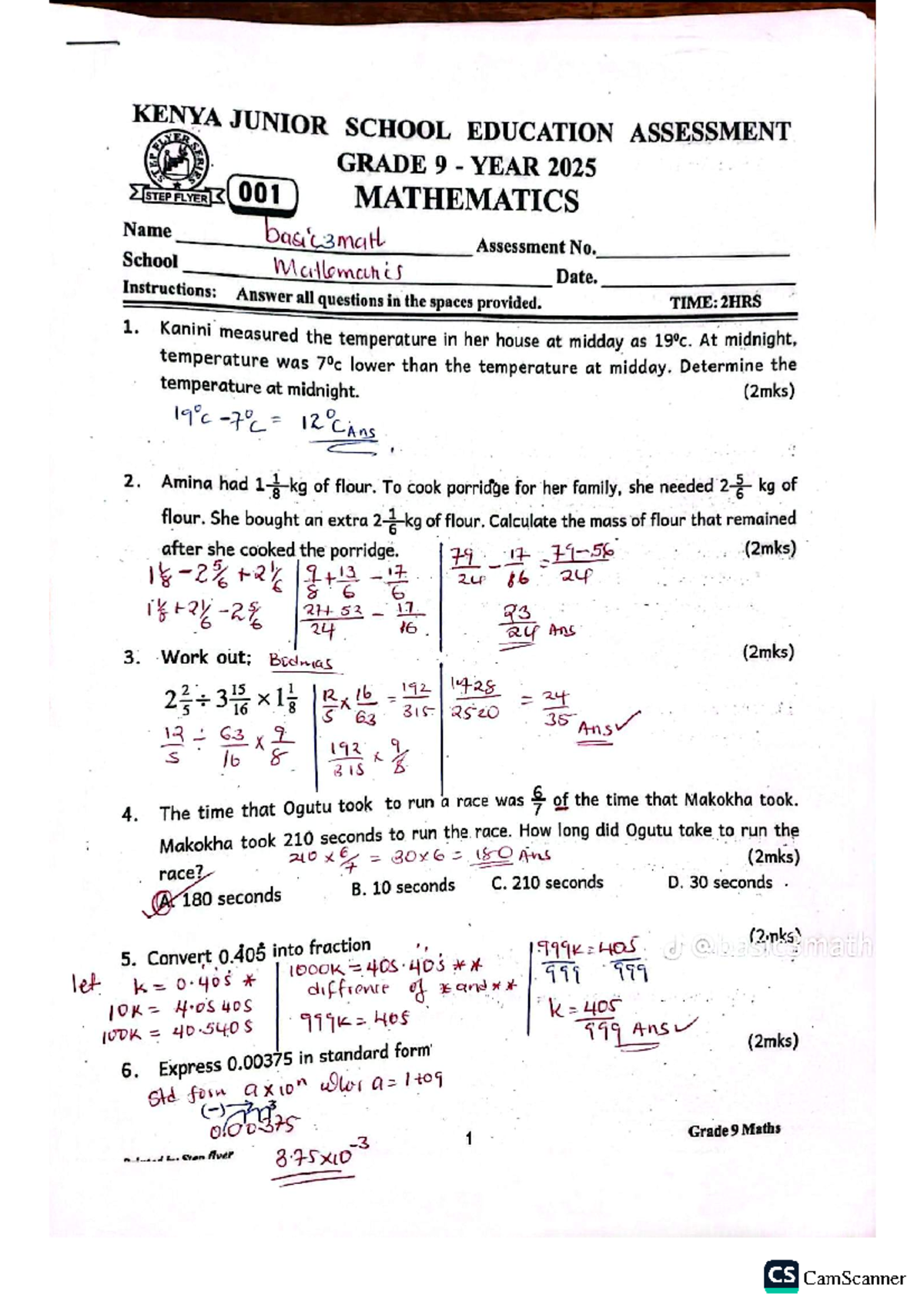 Grade 9 CBE Assessment 001: Mathematics Practice Questions - Studocu
