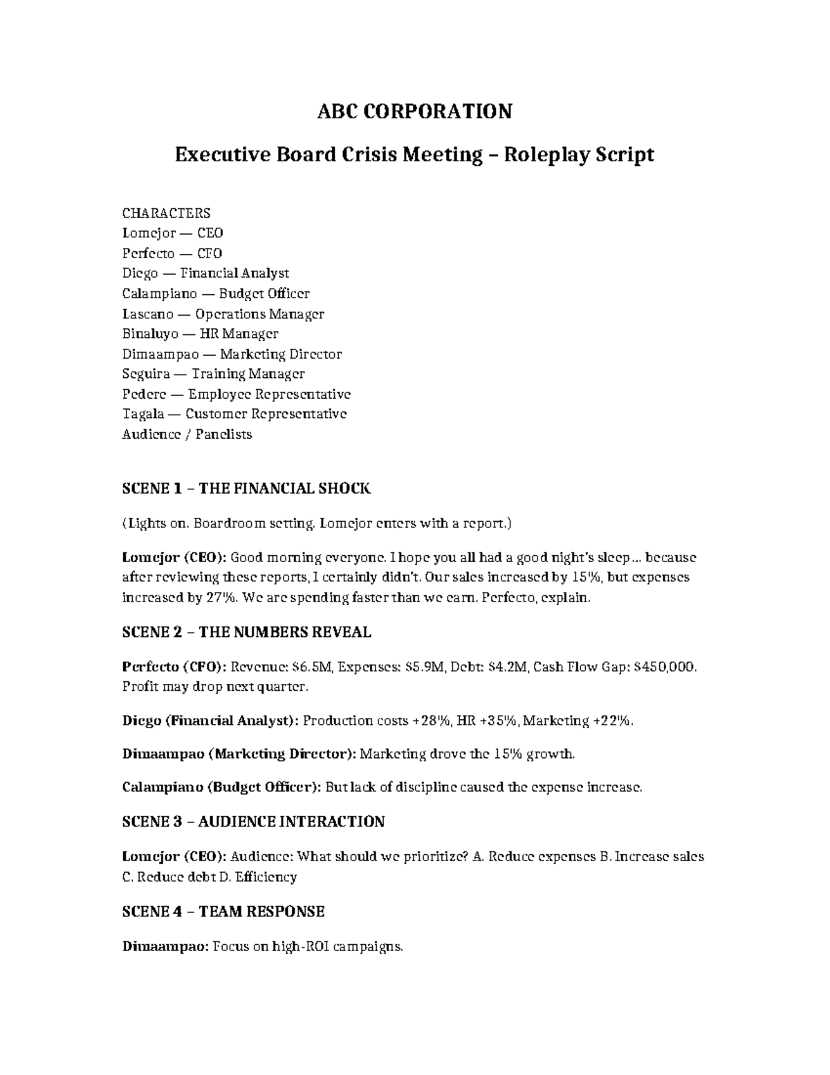 ABC CORPORATION Executive Board Crisis Meeting Roleplay Script - Studocu