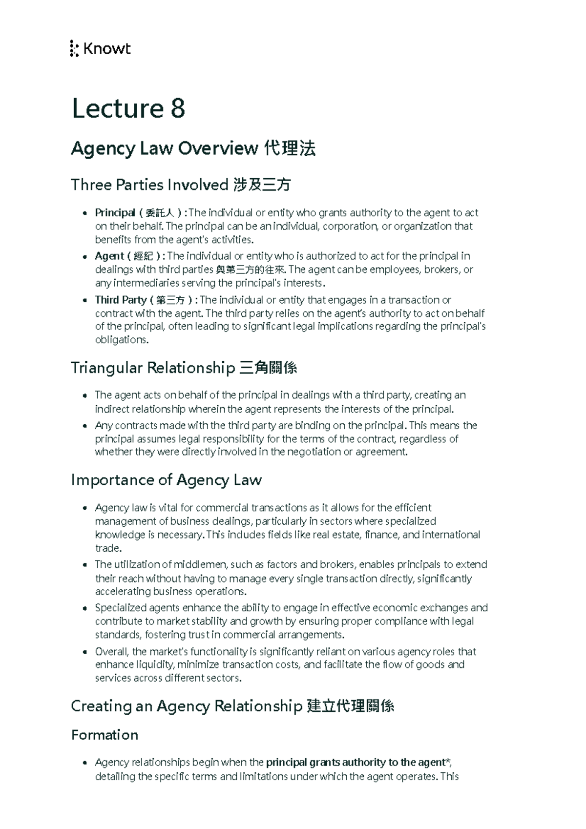 Lecture 8 - Overview of Agency Law and Its Key Concepts 代理法概述 - Studocu