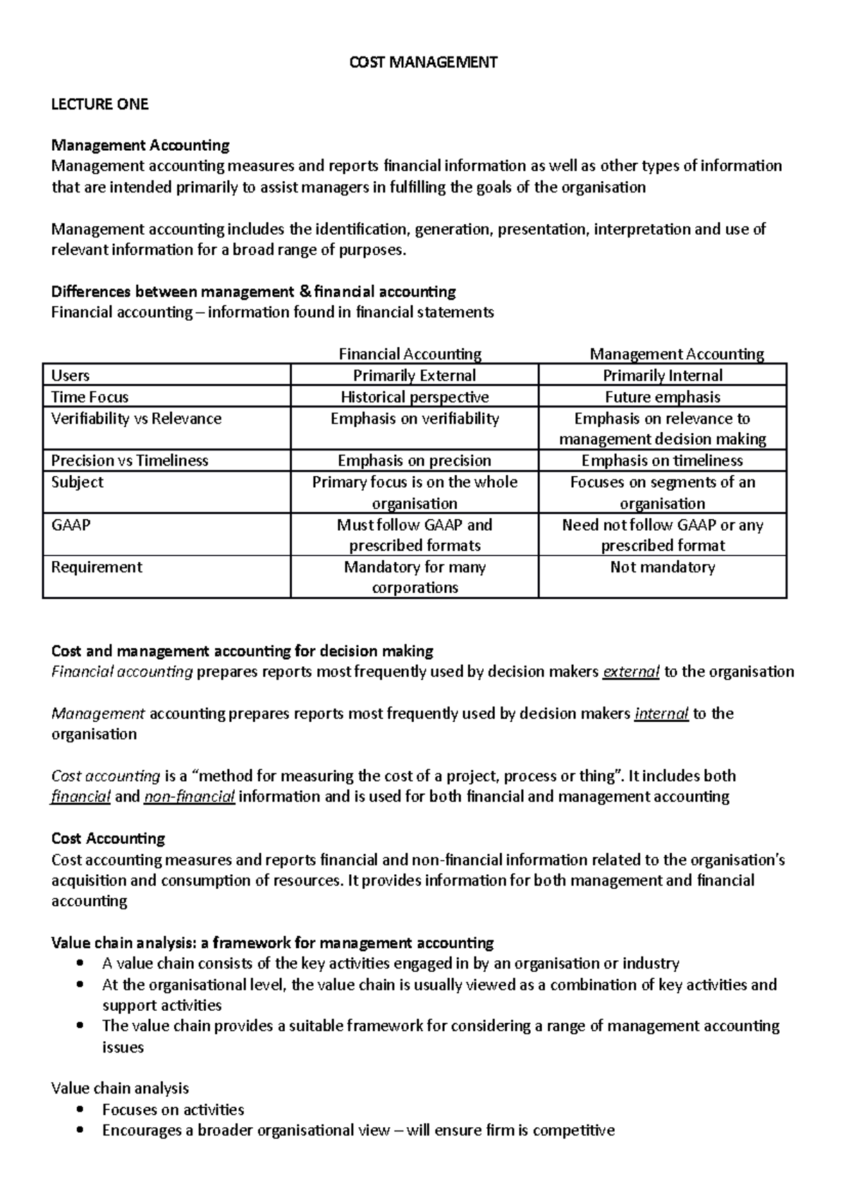 COST MANAGEMENT LECTURE NOTES: Key Concepts & Techniques - Studocu