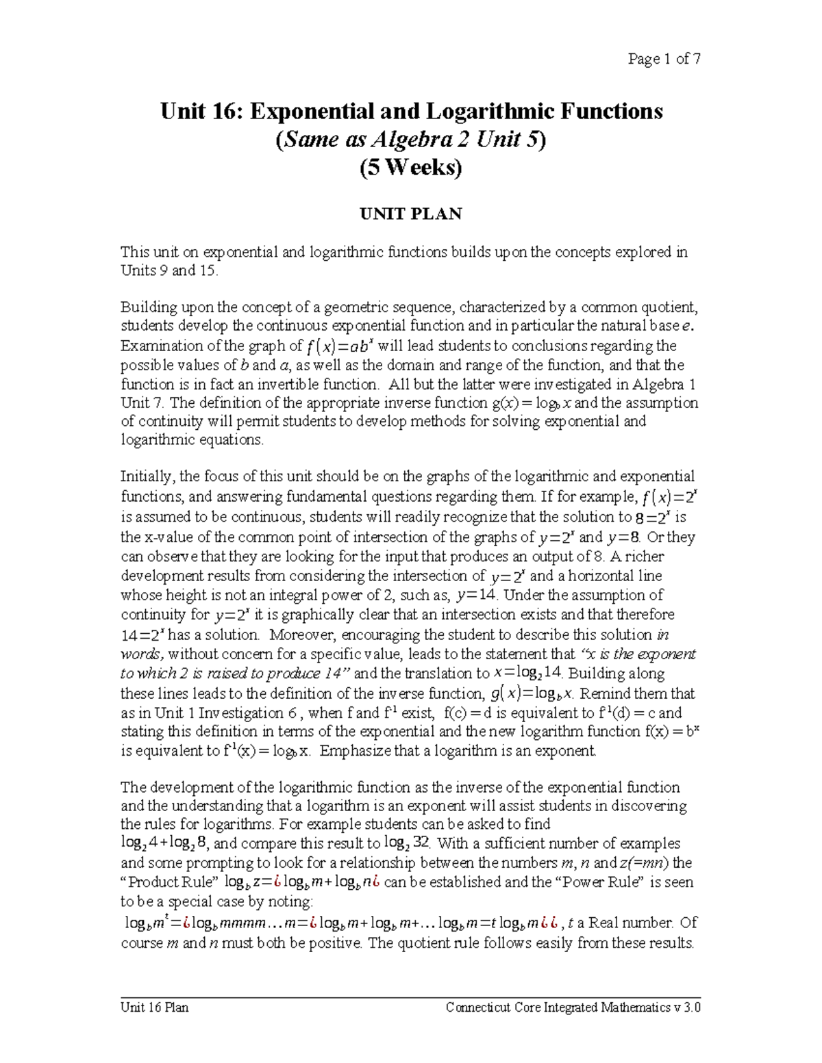 Unit plan for log and exponential functions - Unit 16: Exponential and ...