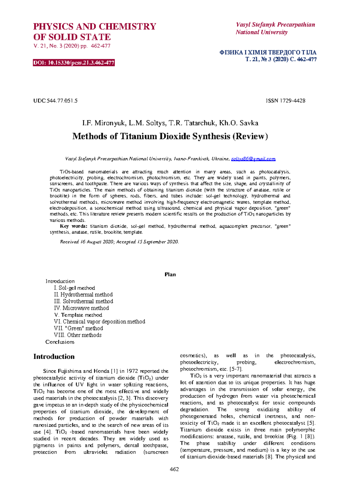 Methods of Titanium Dioxide Synthesis: A Review (PHYSICS AND CHEMISTRY ...