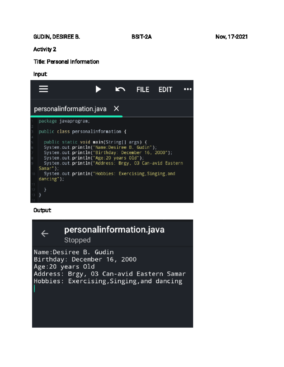 Personal info javaprogram - Information Technology - GUDIN,DESIREEB ...