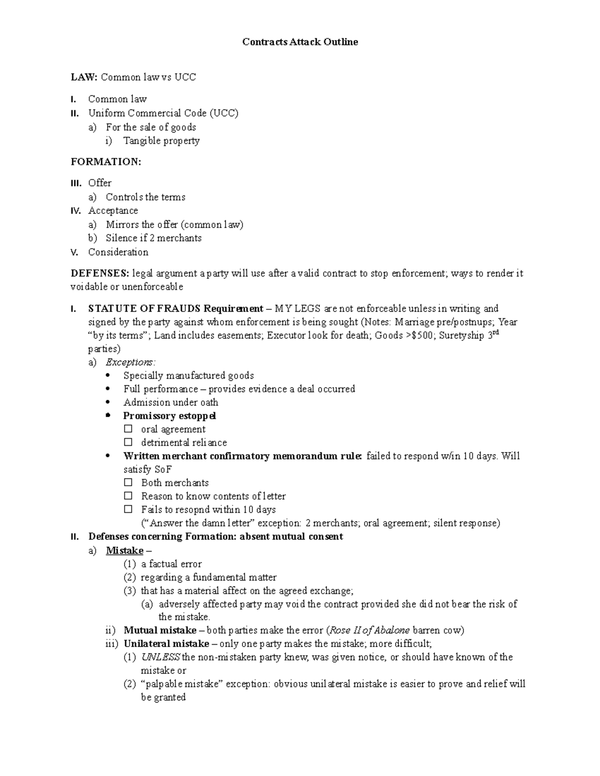 LAW: Contracts Attack Outline - Common Law vs UCC Overview - Studocu